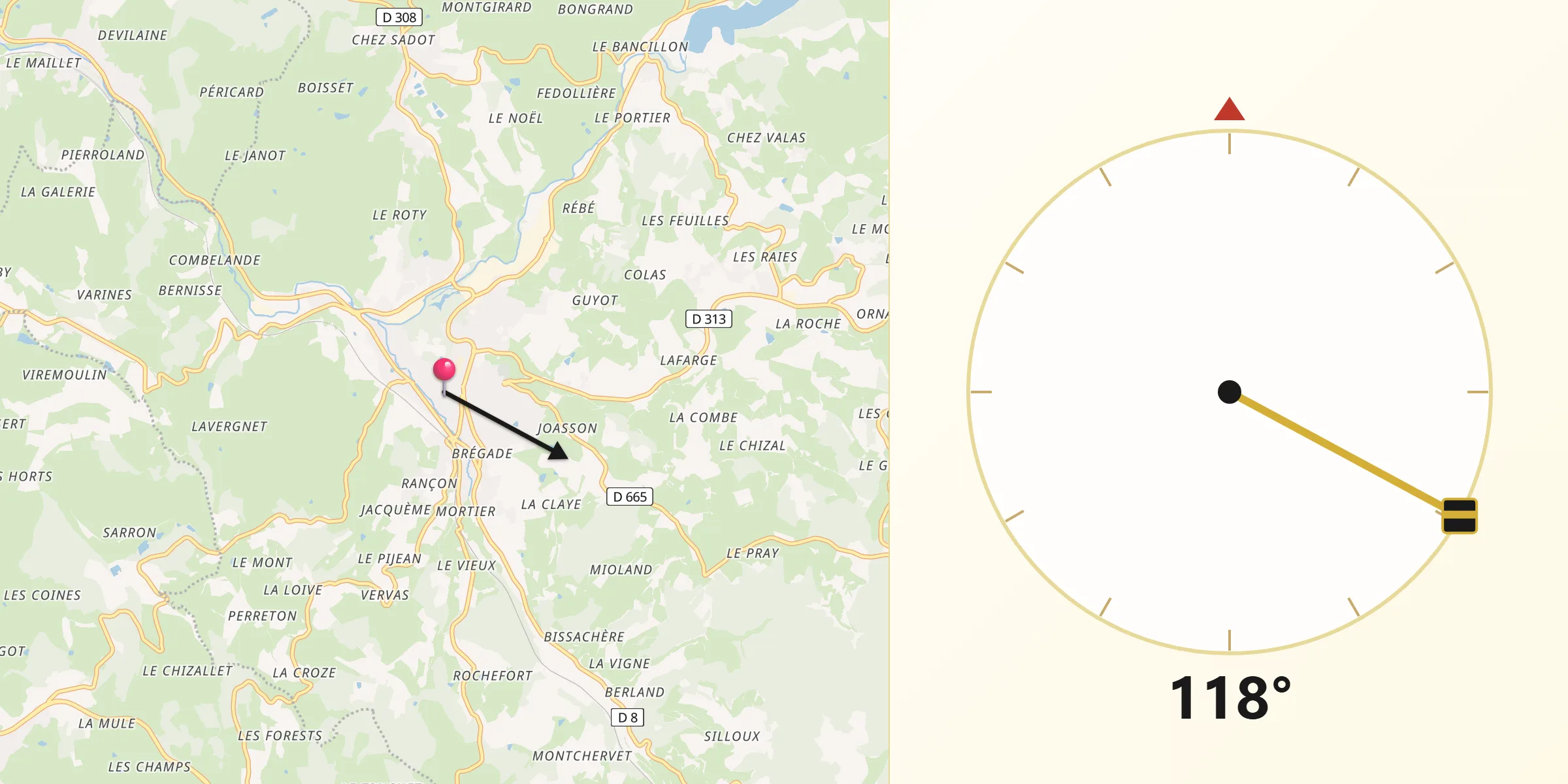 Direction vers la Qibla depuis Amplepuis
