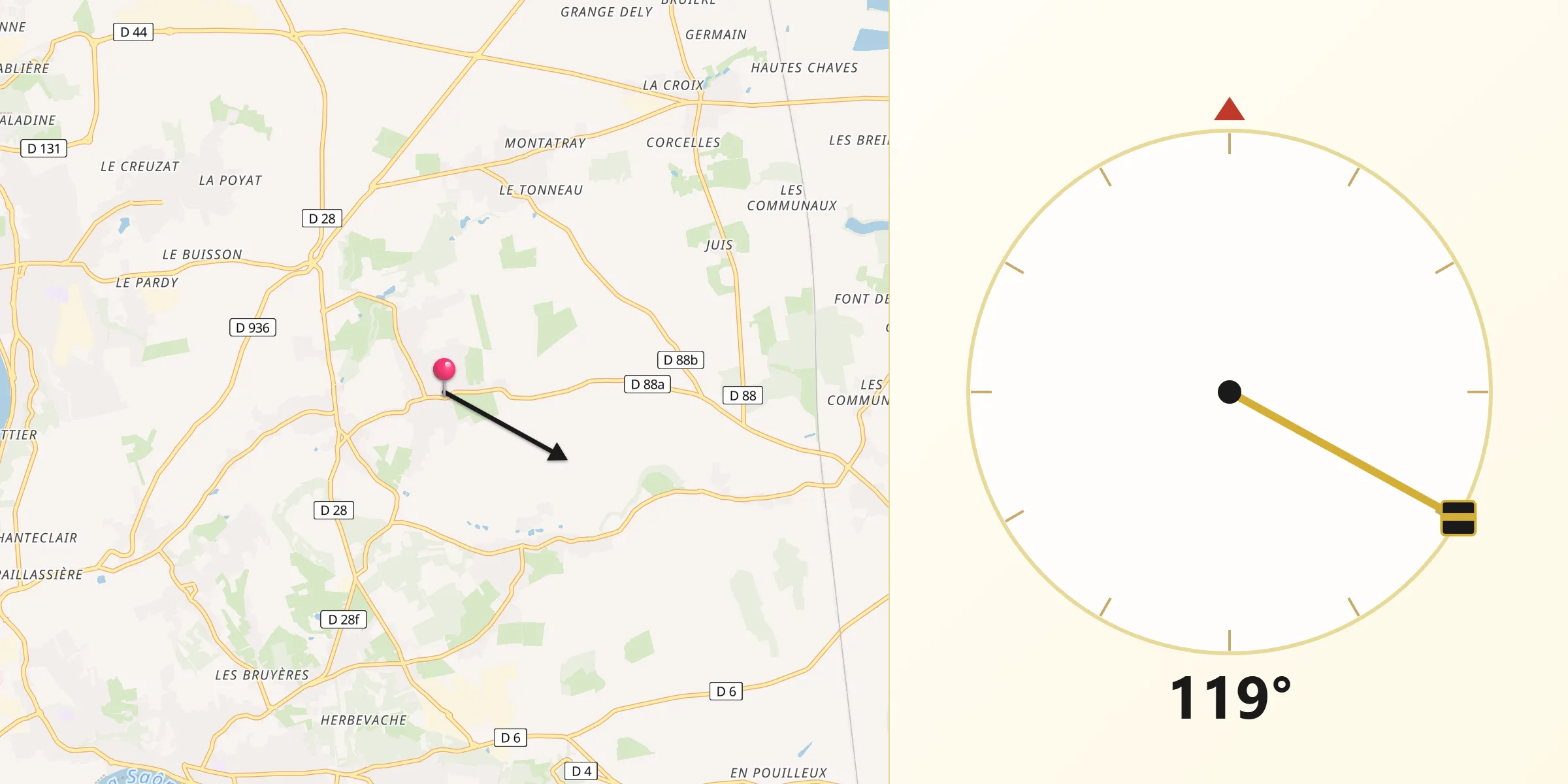 Direction vers la Qibla depuis Misérieux