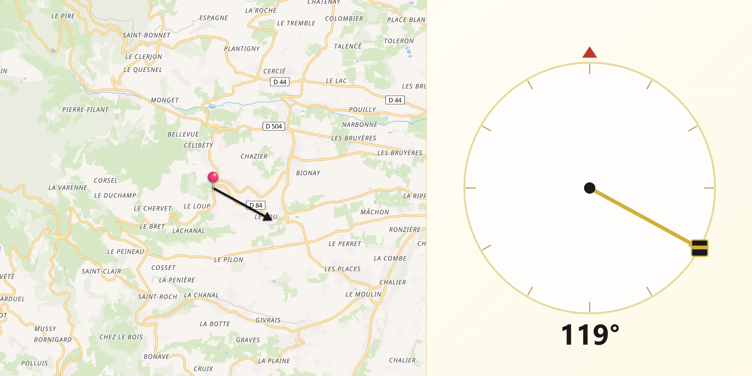 Direction vers la Qibla depuis Cogny