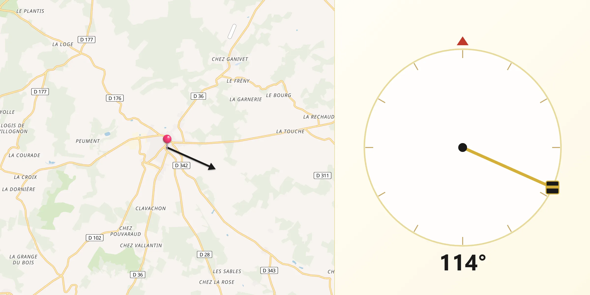 Direction vers la Qibla depuis Champagne-Mouton