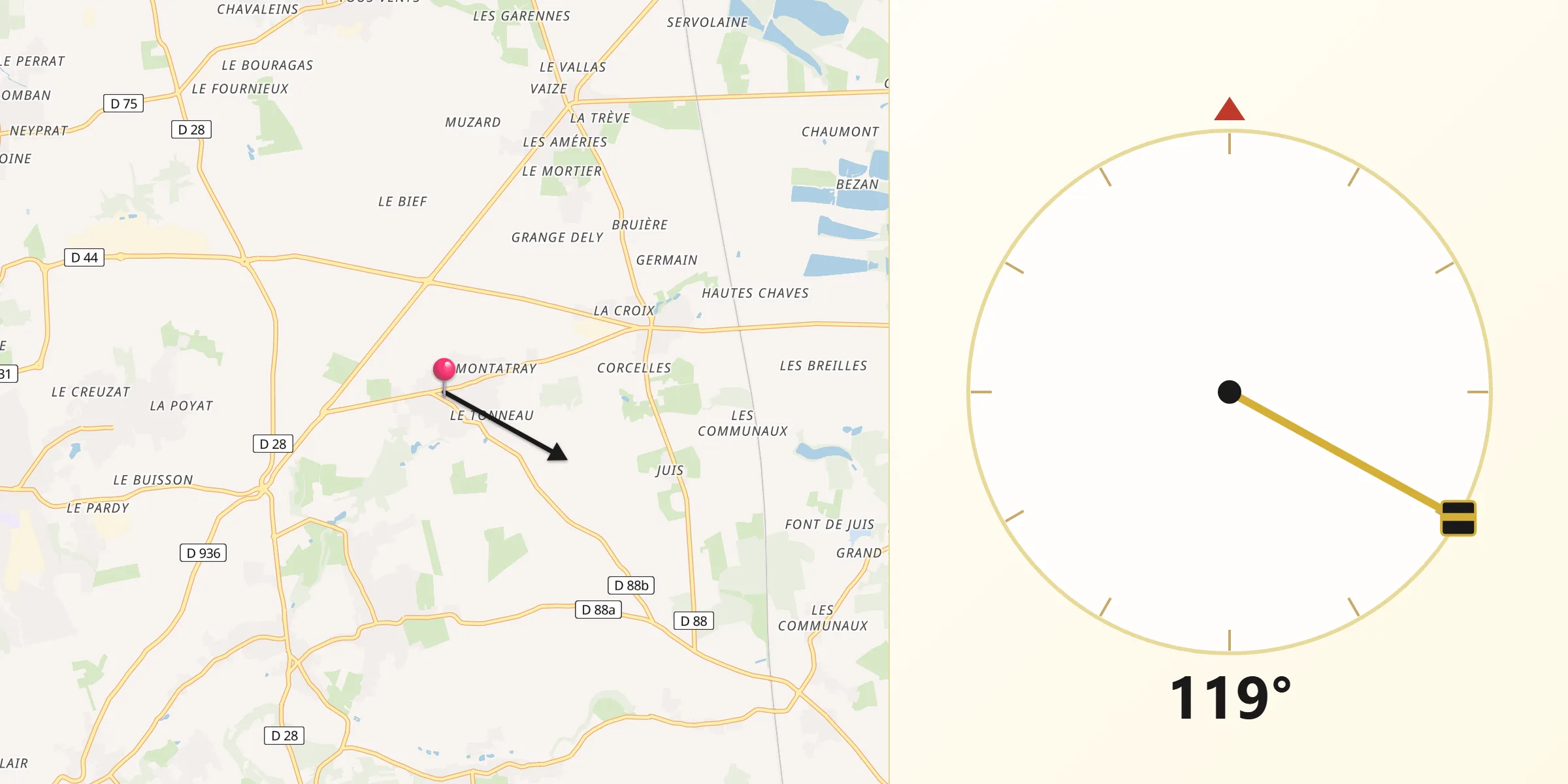 Direction vers la Qibla depuis Ars-sur-Formans