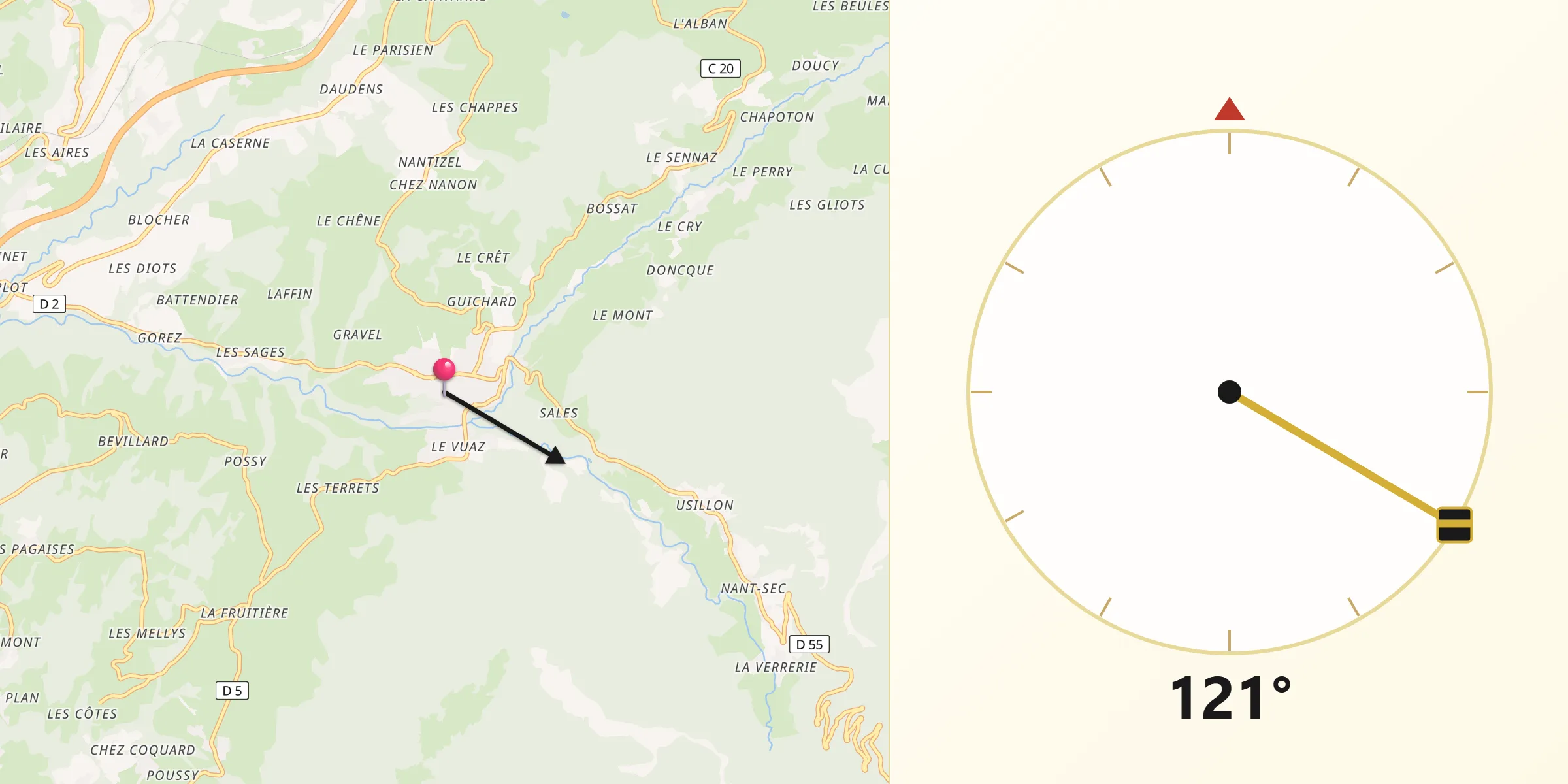 Direction vers la Qibla depuis Thorens-Glières