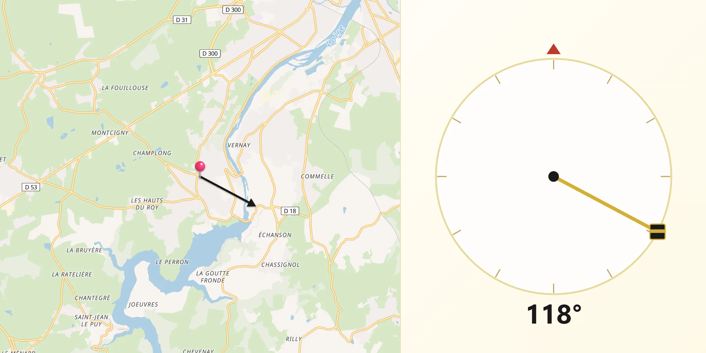 Direction vers la Qibla depuis Villerest