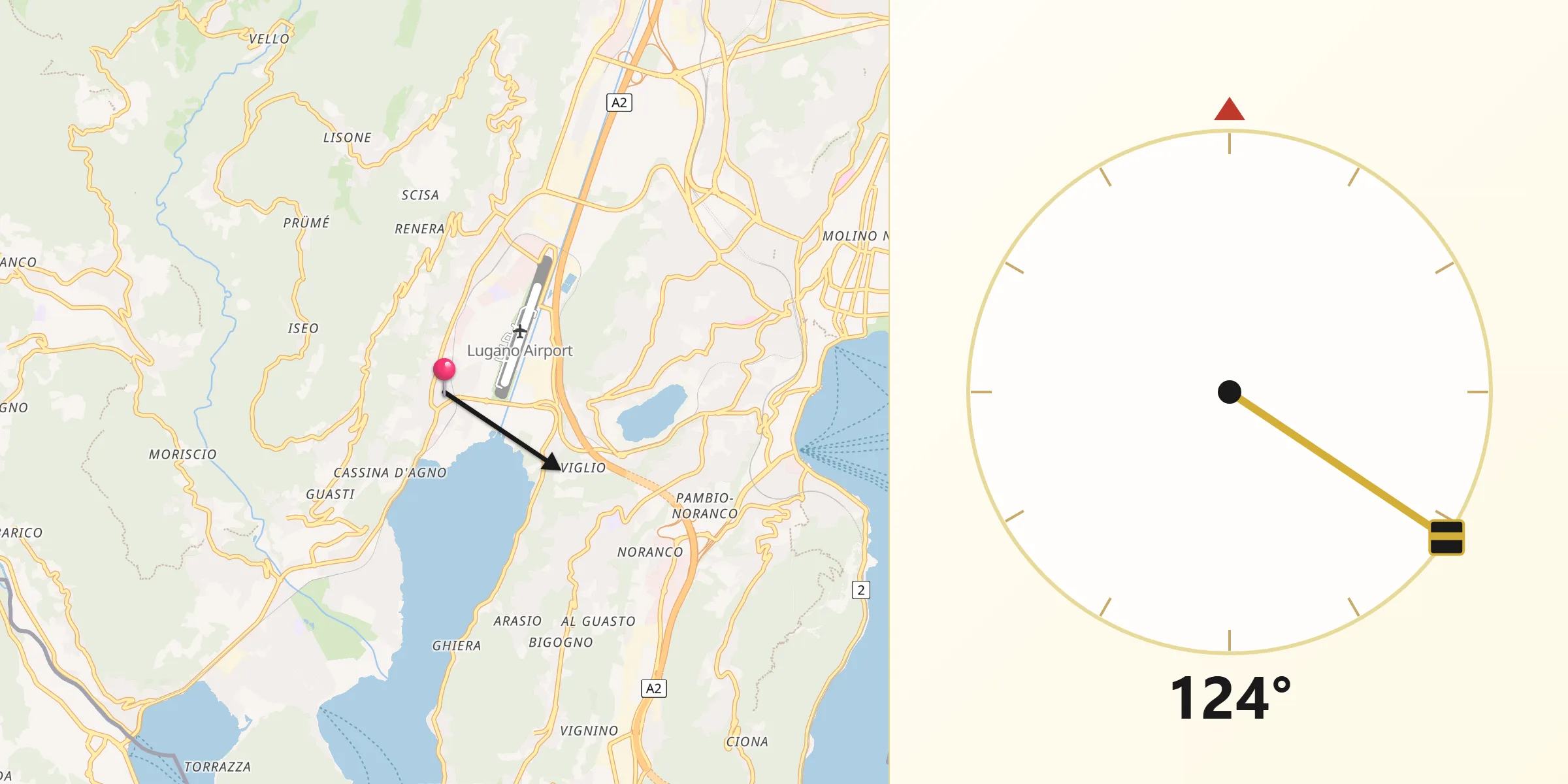 Direction vers la Qibla depuis Agno