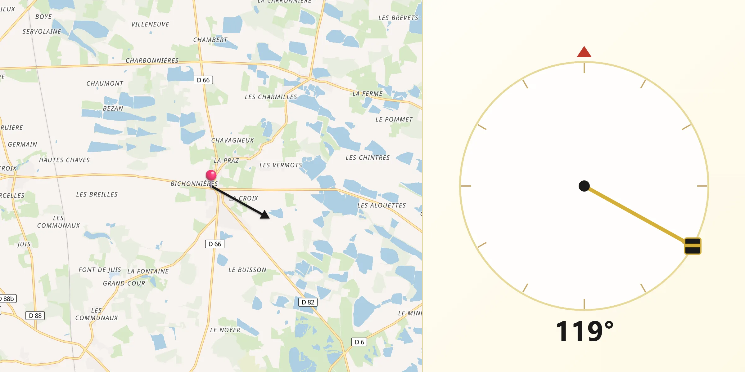 Direction vers la Qibla depuis Ambérieux-en-Dombes