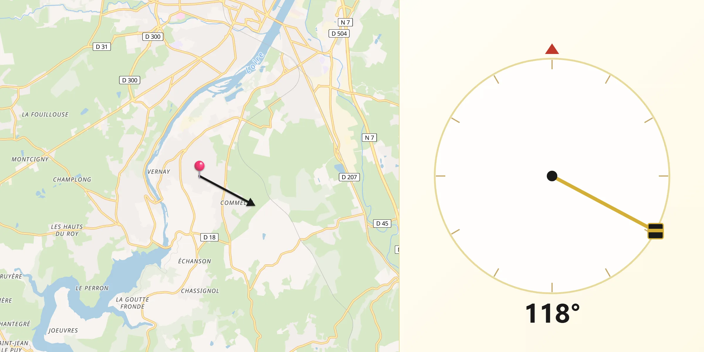 Direction vers la Qibla depuis Commelle