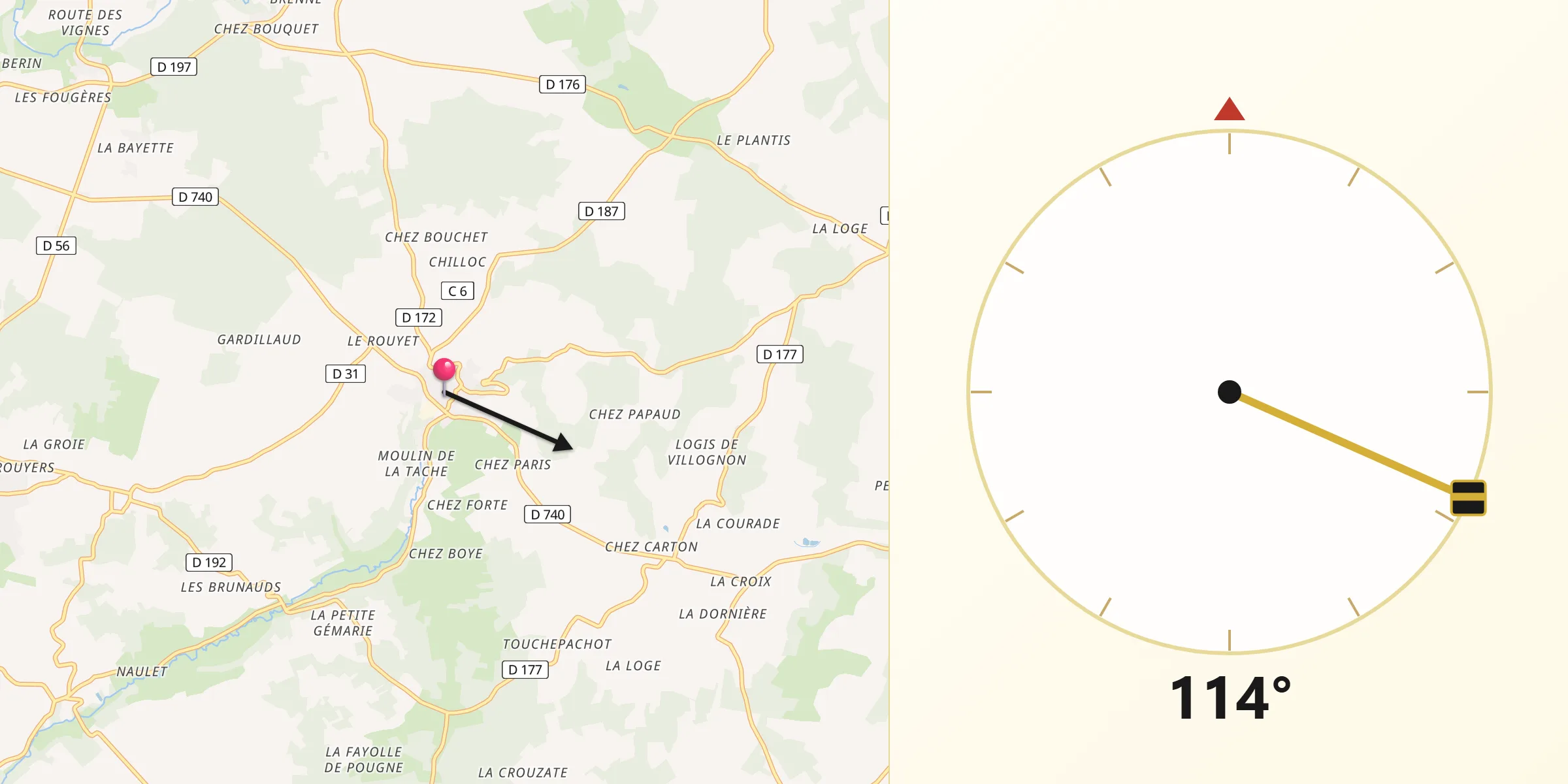 Direction vers la Qibla depuis Nanteuil-en-Vallée