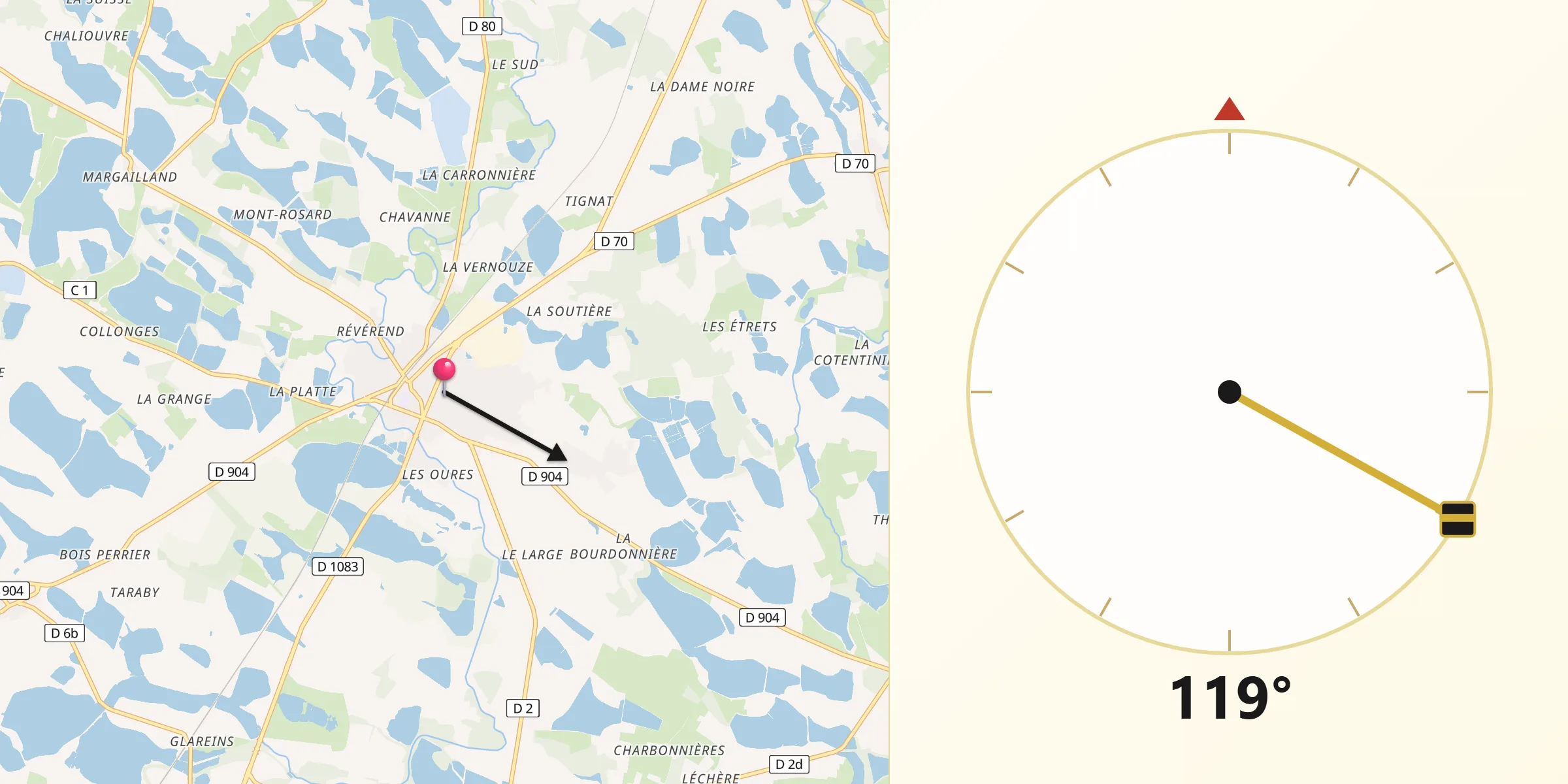 Direction vers la Qibla depuis Villars-les-Dombes