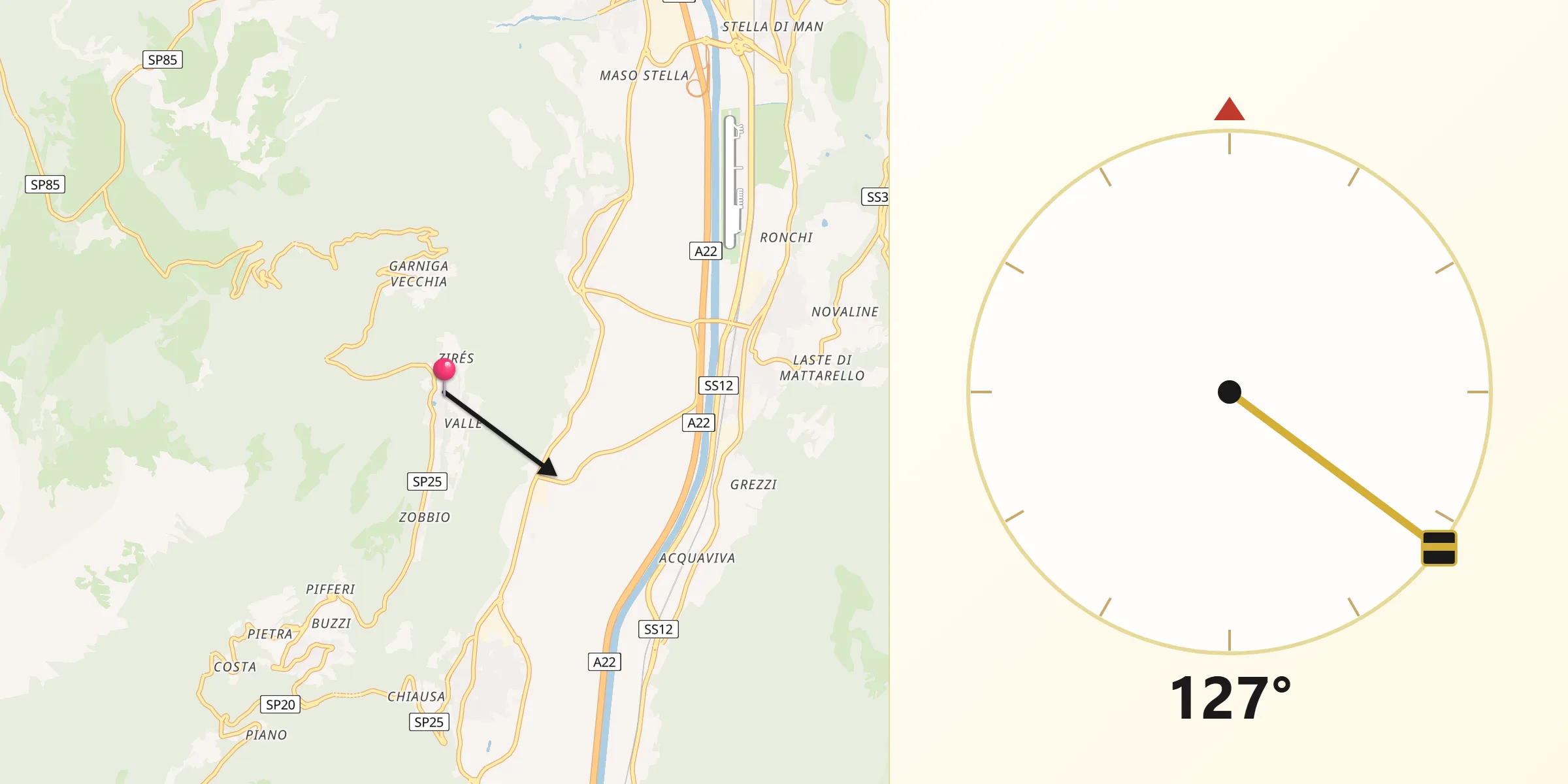 Direzione della Qibla da Garniga Nuova