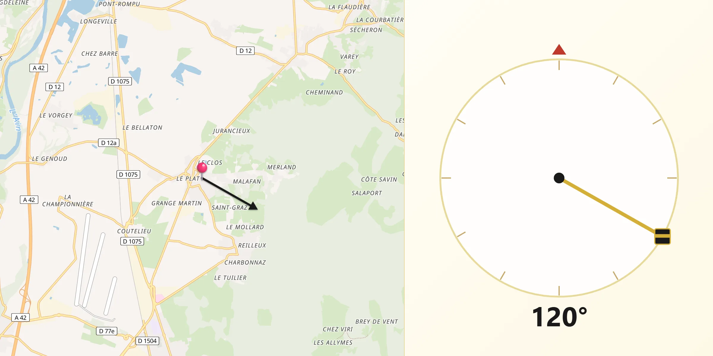 Direction vers la Qibla depuis Ambronay