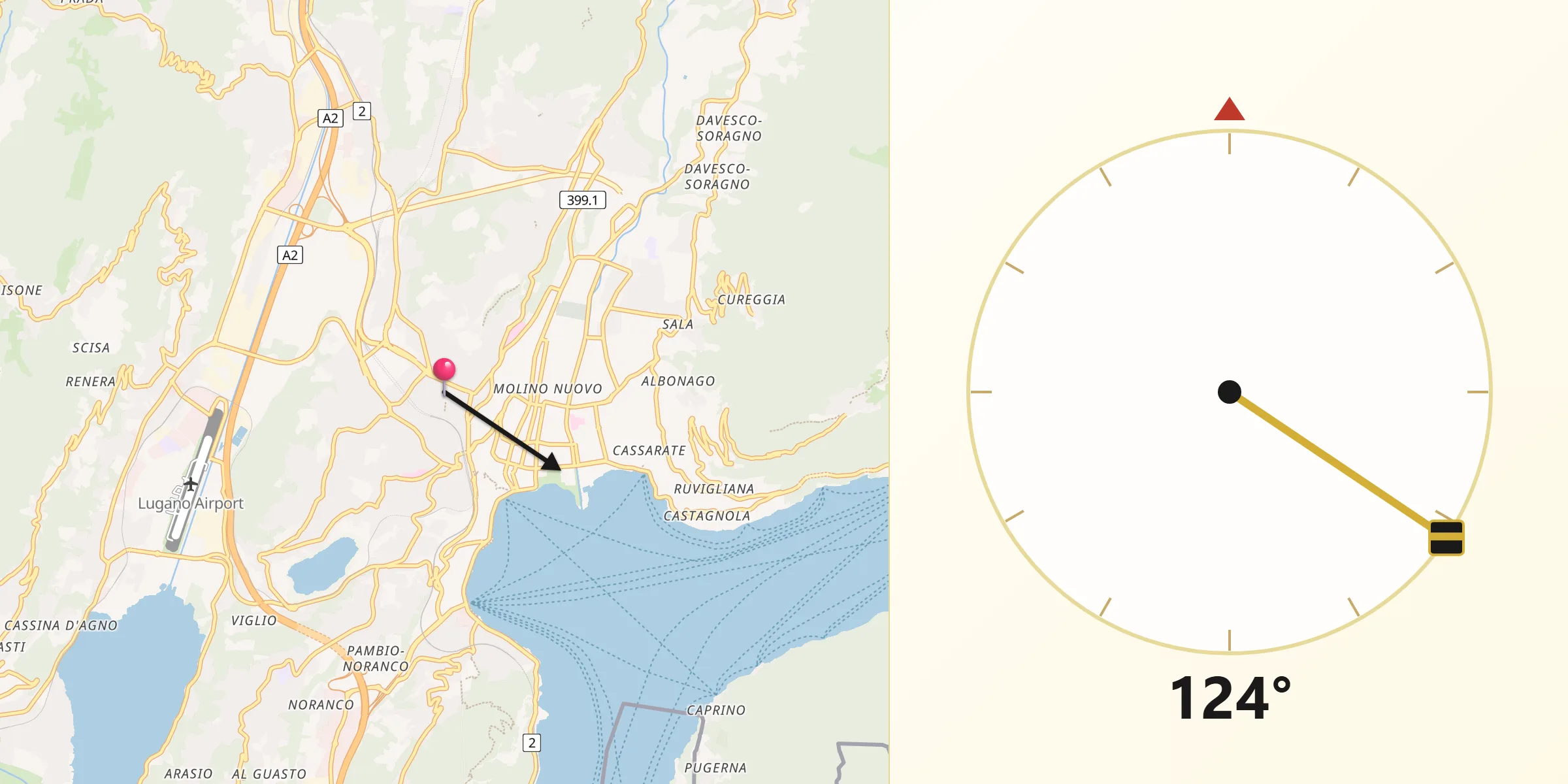 Direction vers la Qibla depuis Massagno