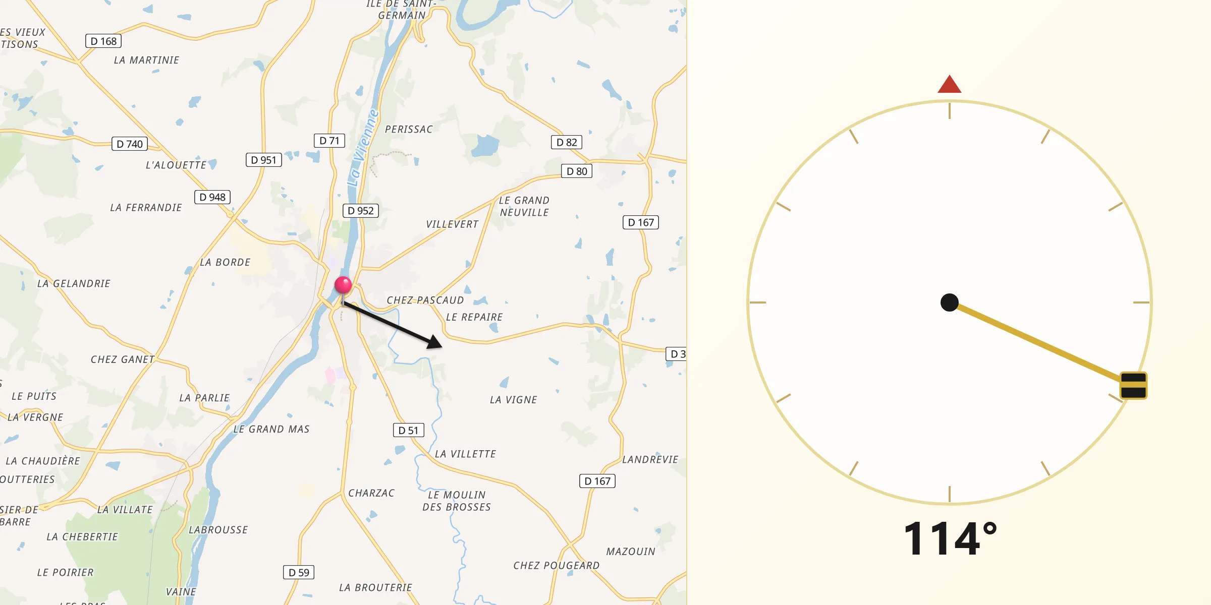 Direction vers la Qibla depuis Confolens