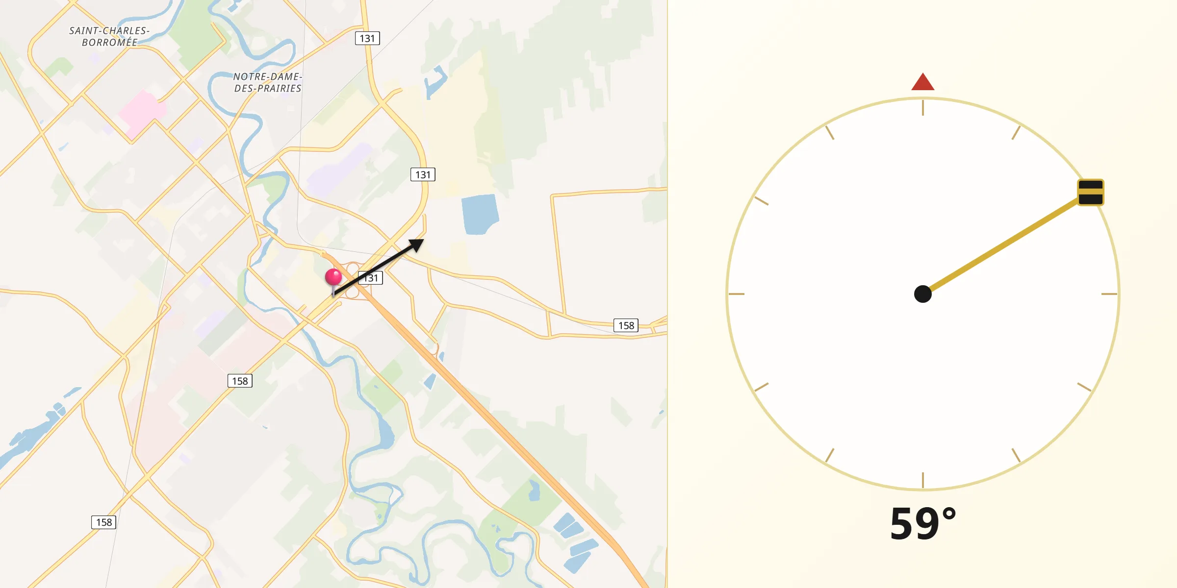 Qibla Direction from Joliette