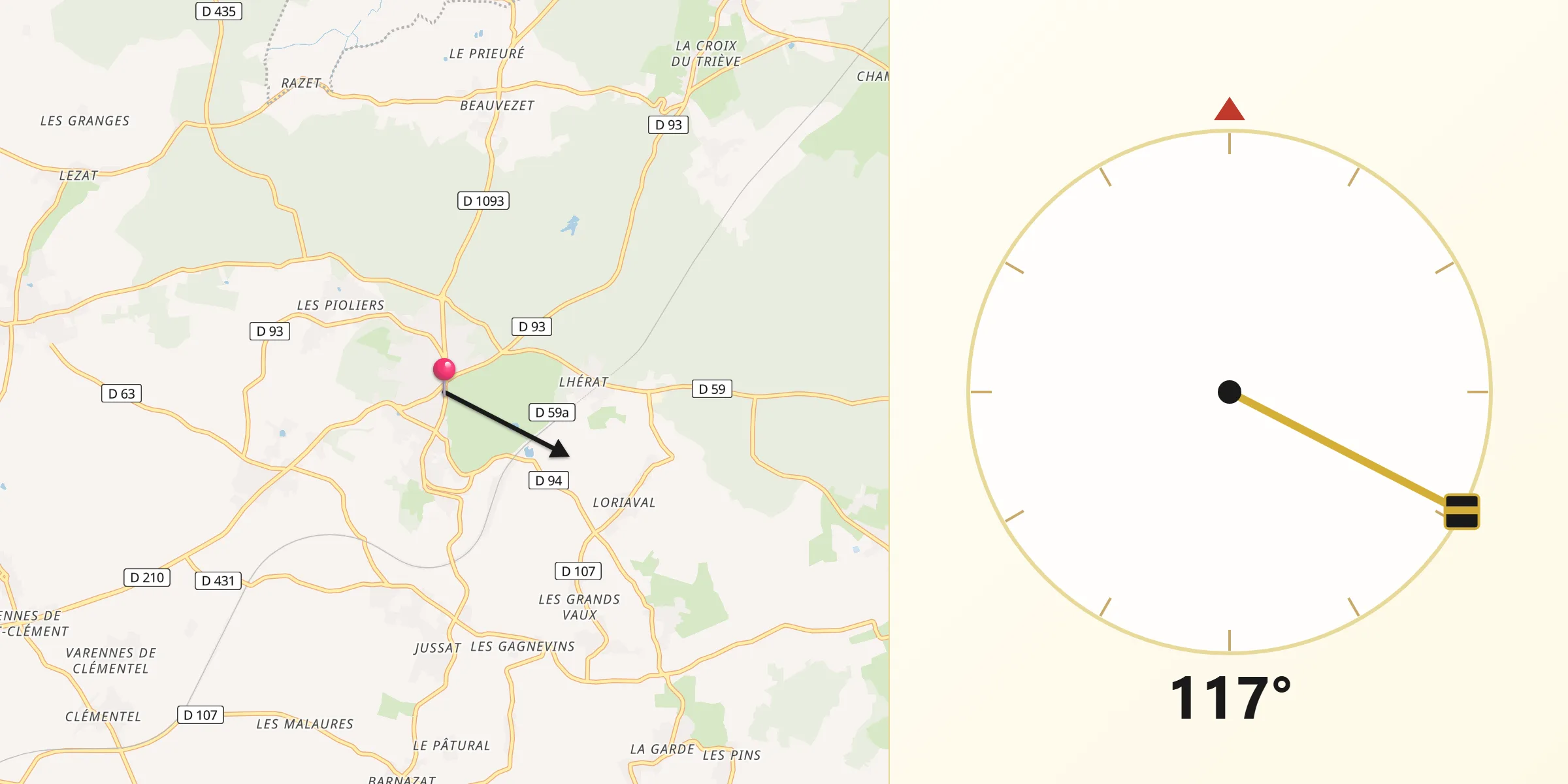 Direction vers la Qibla depuis Randan