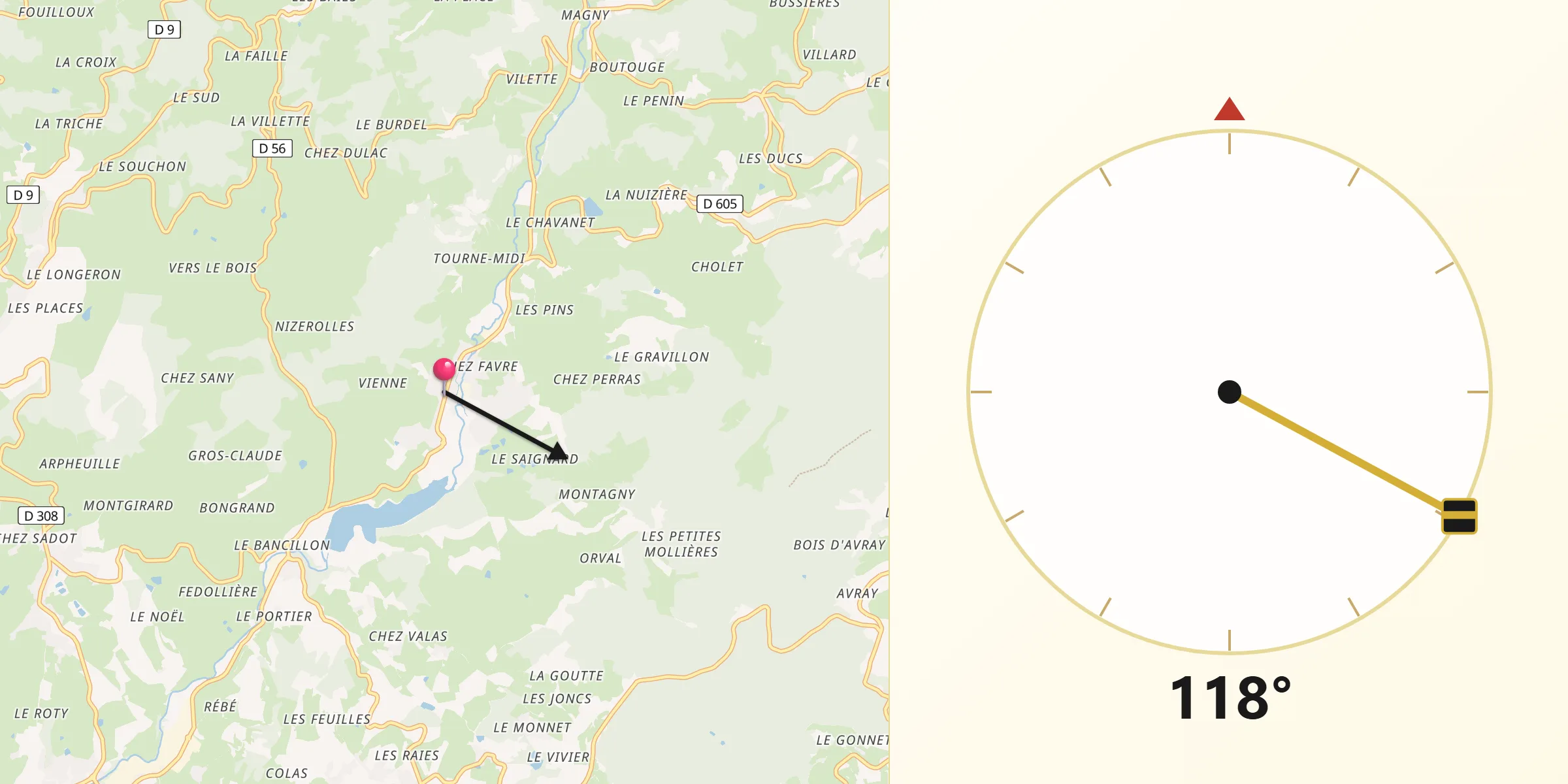 Direction vers la Qibla depuis Cublize