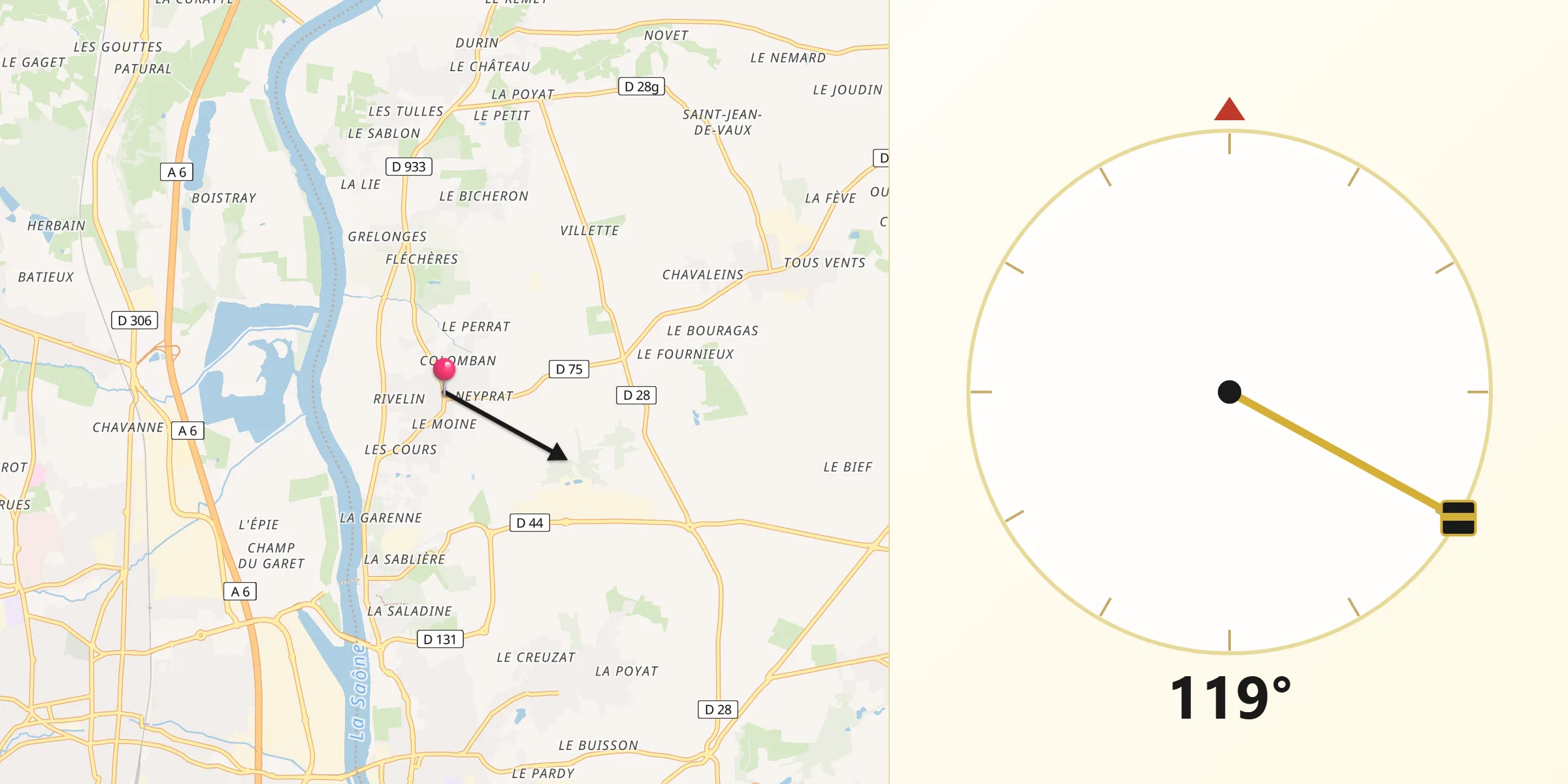 Direction vers la Qibla depuis Fareins
