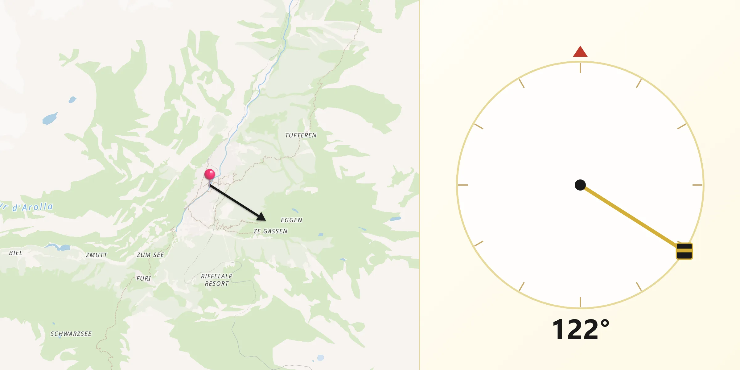 Direction vers la Qibla depuis Zermatt