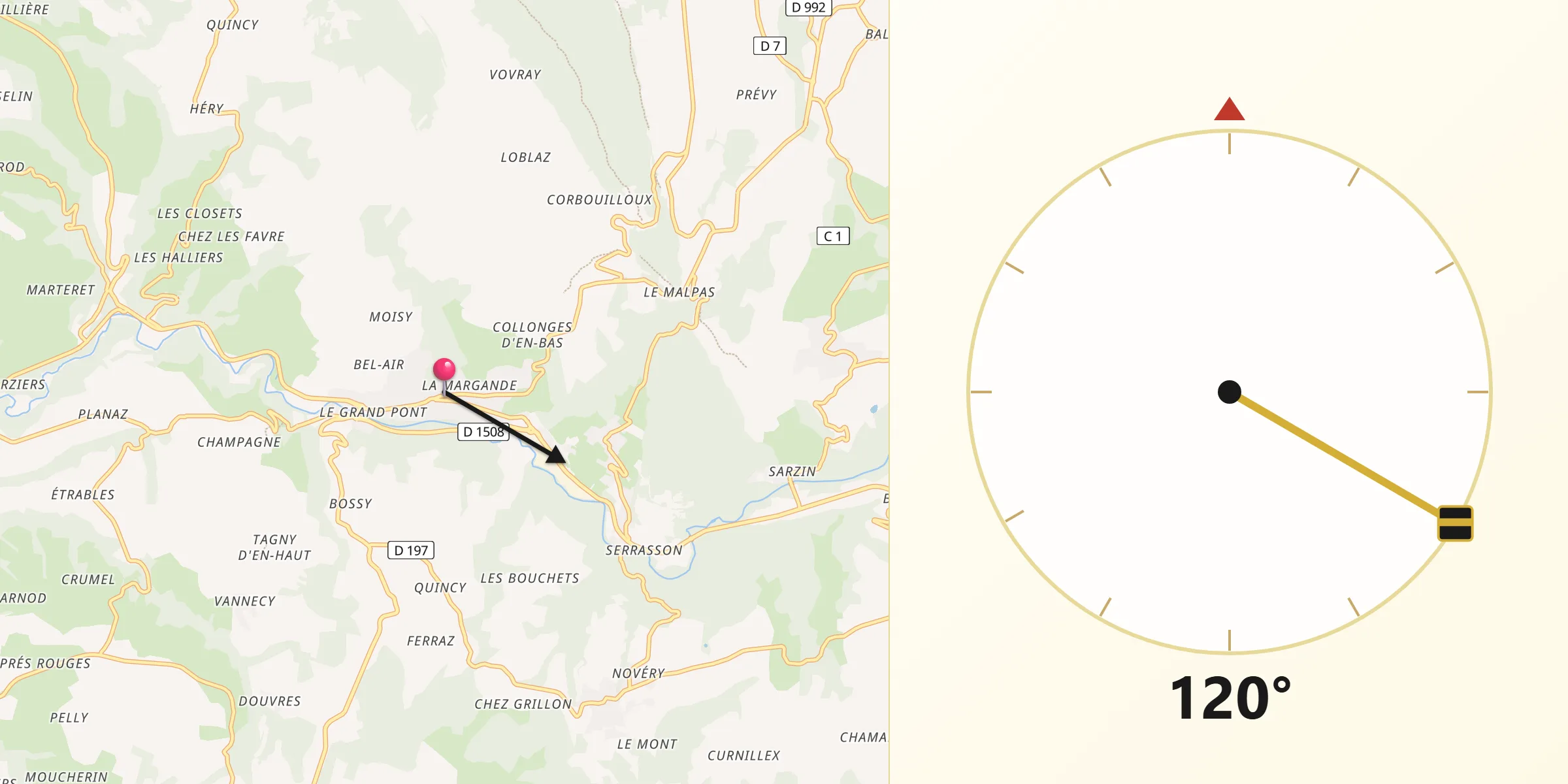 Direction vers la Qibla depuis Frangy