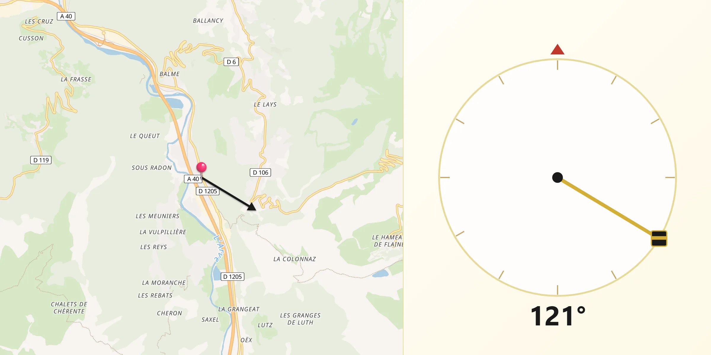 Direction vers la Qibla depuis Magland