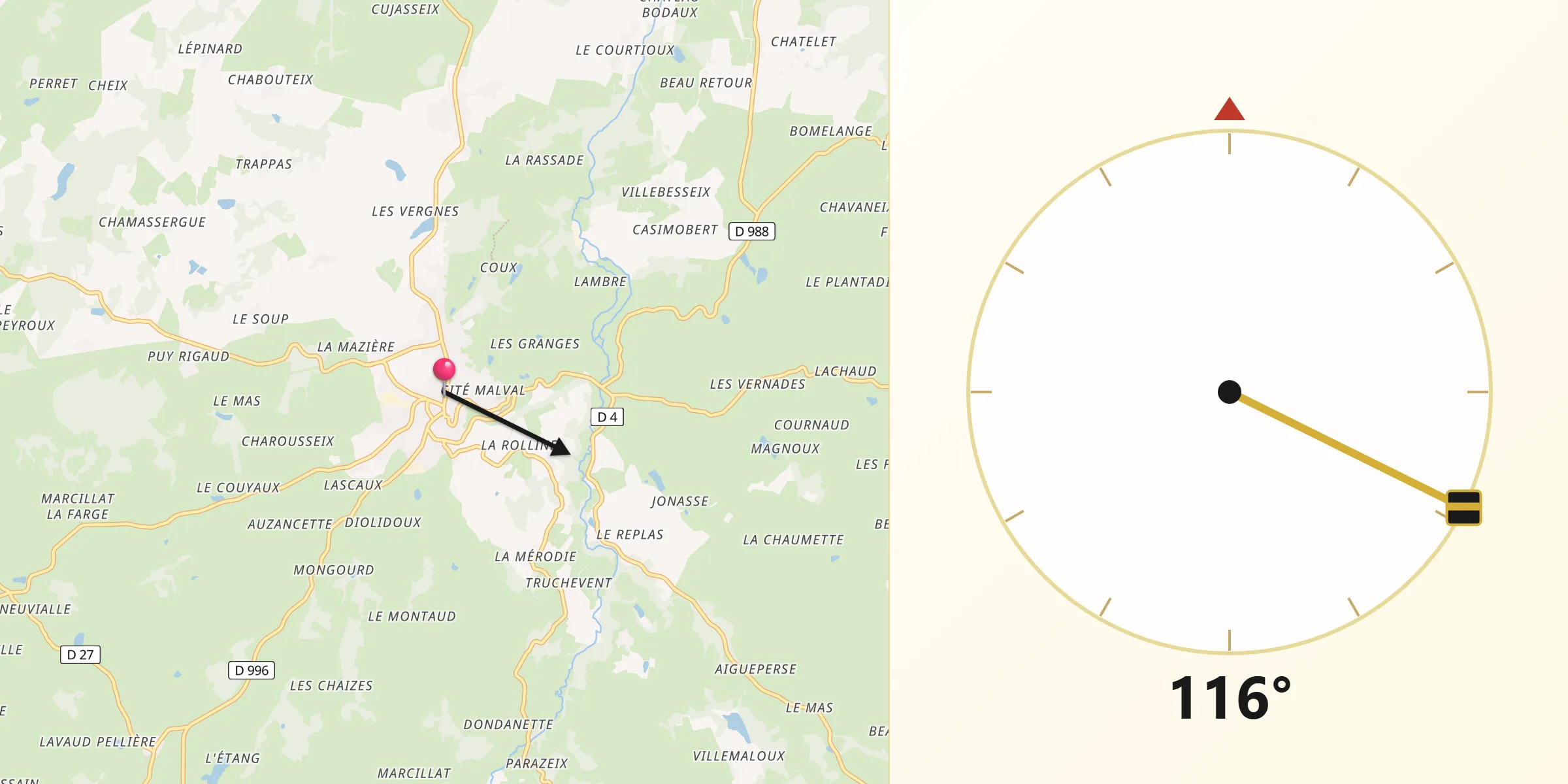 Direction vers la Qibla depuis Auzances