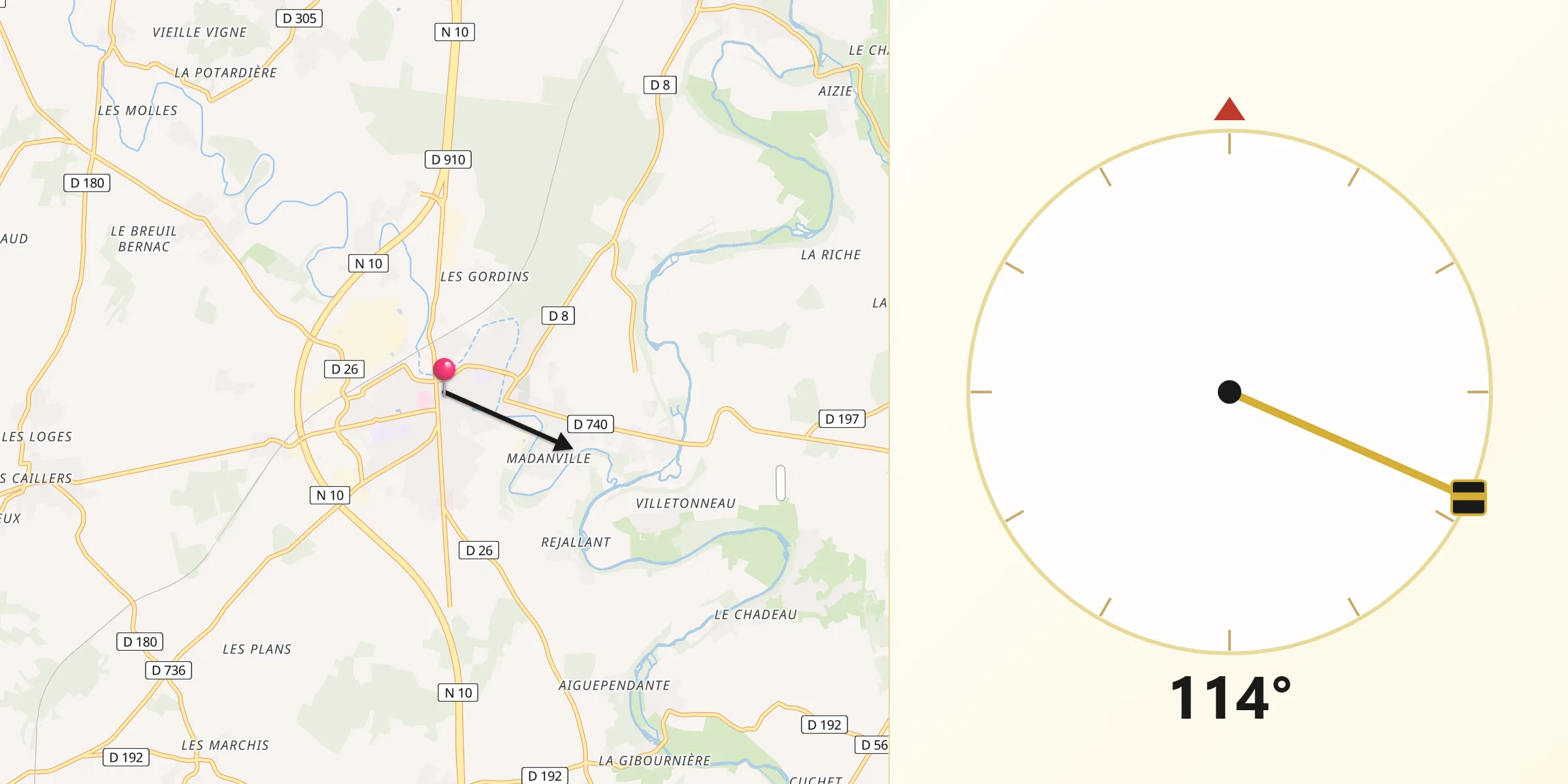 Direction vers la Qibla depuis Ruffec