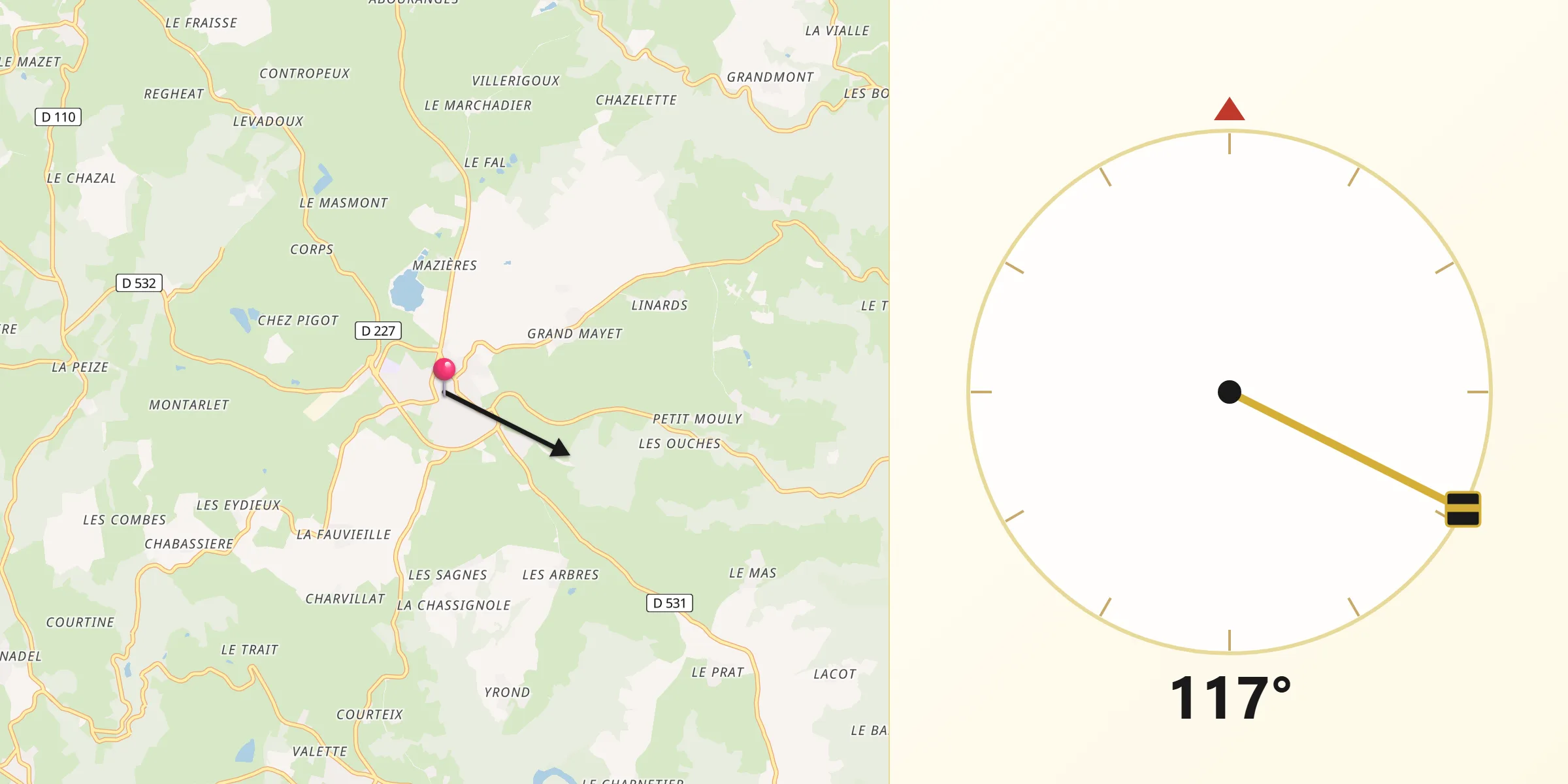 Direction vers la Qibla depuis Saint-Gervais-d’Auvergne