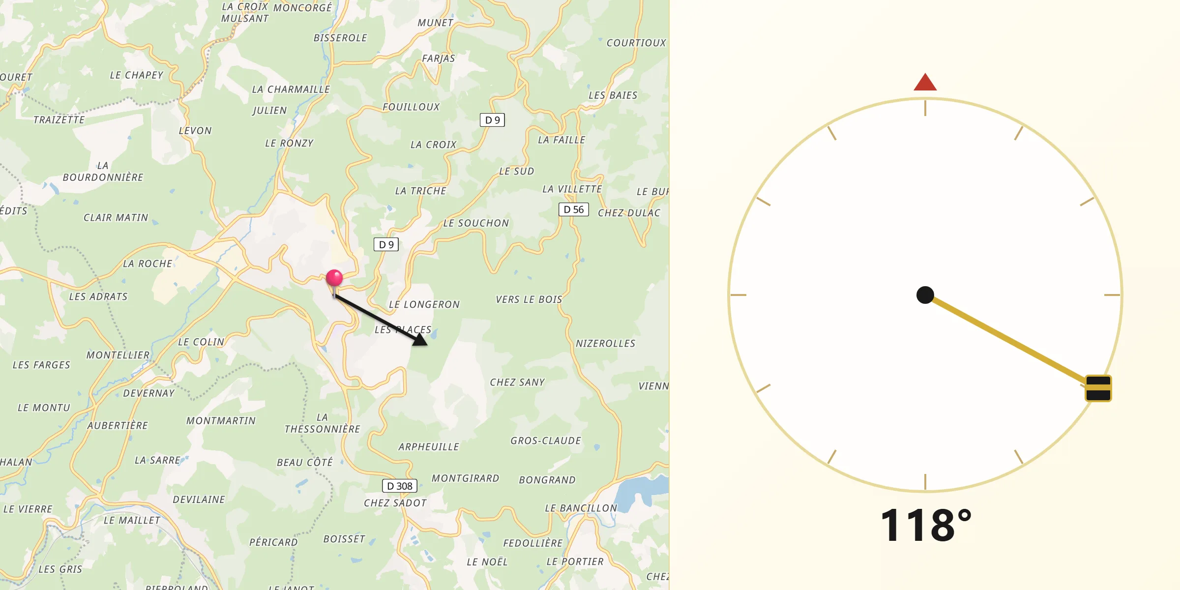 Direction vers la Qibla depuis Thizy-les-Bourgs