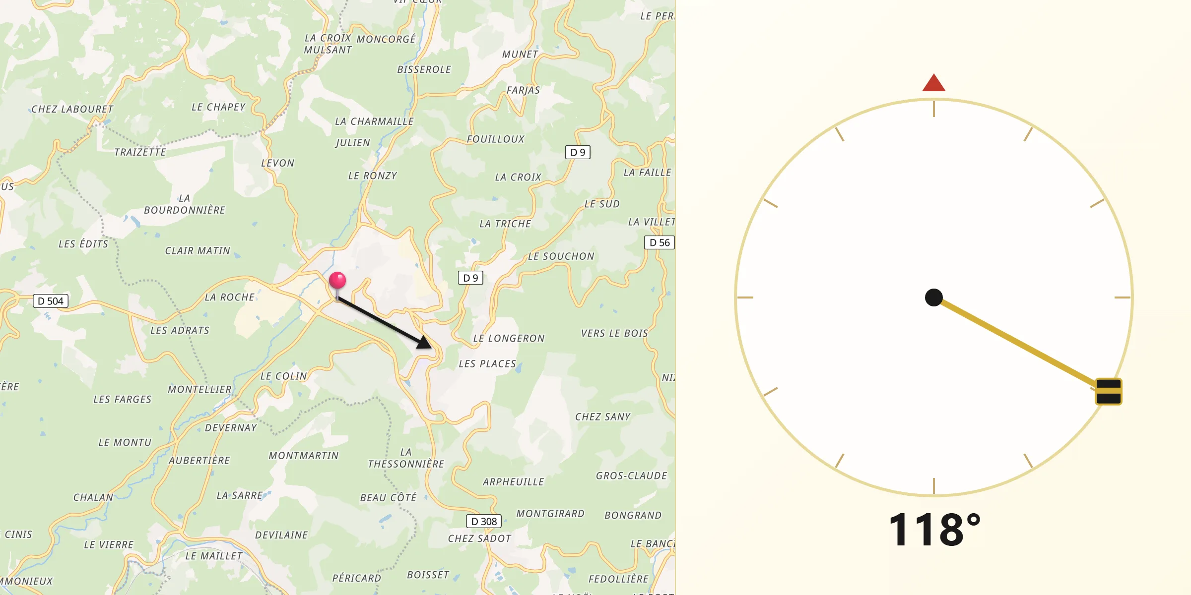Direction vers la Qibla depuis Bourg-de-Thizy