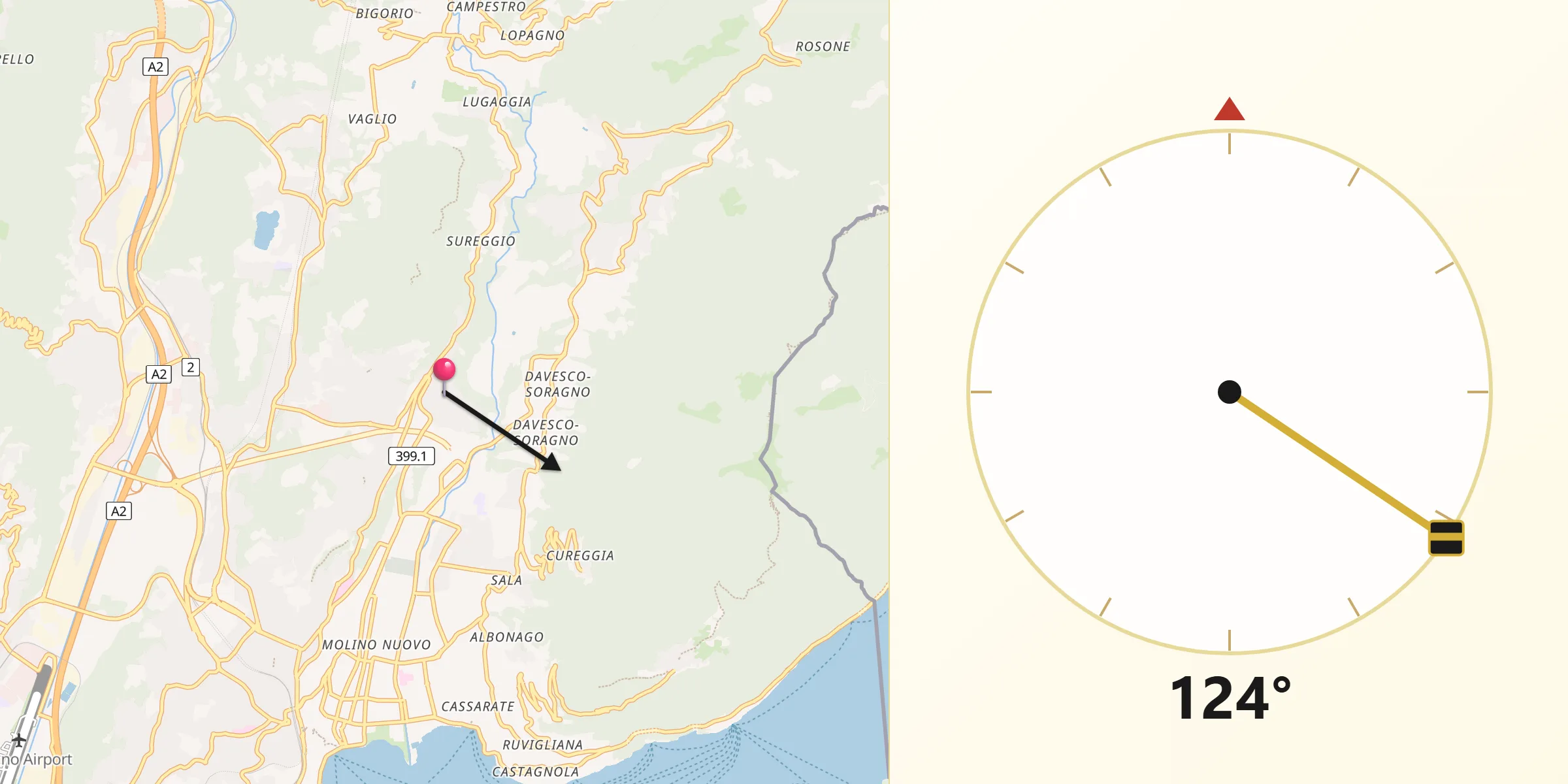 Direction vers la Qibla depuis Canobbio