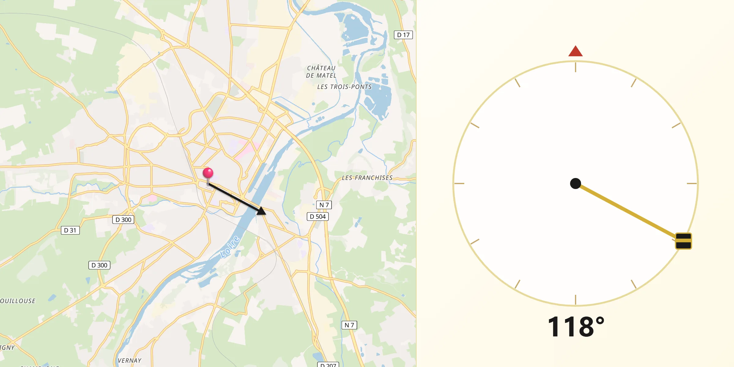 Direction vers la Qibla depuis Roanne