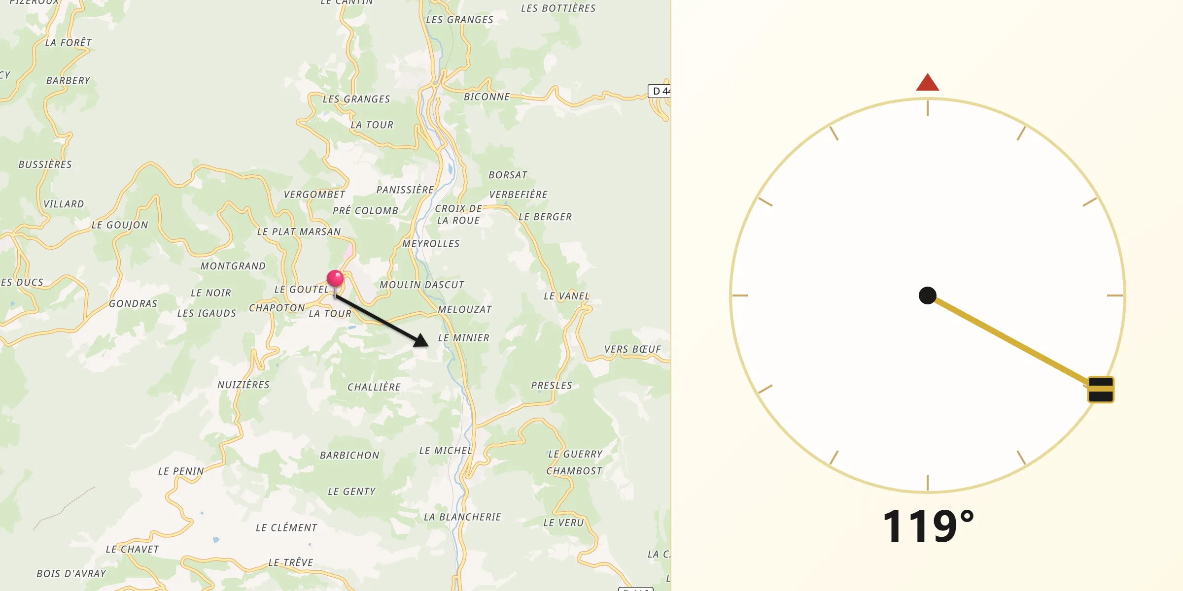 Direction vers la Qibla depuis Grandris