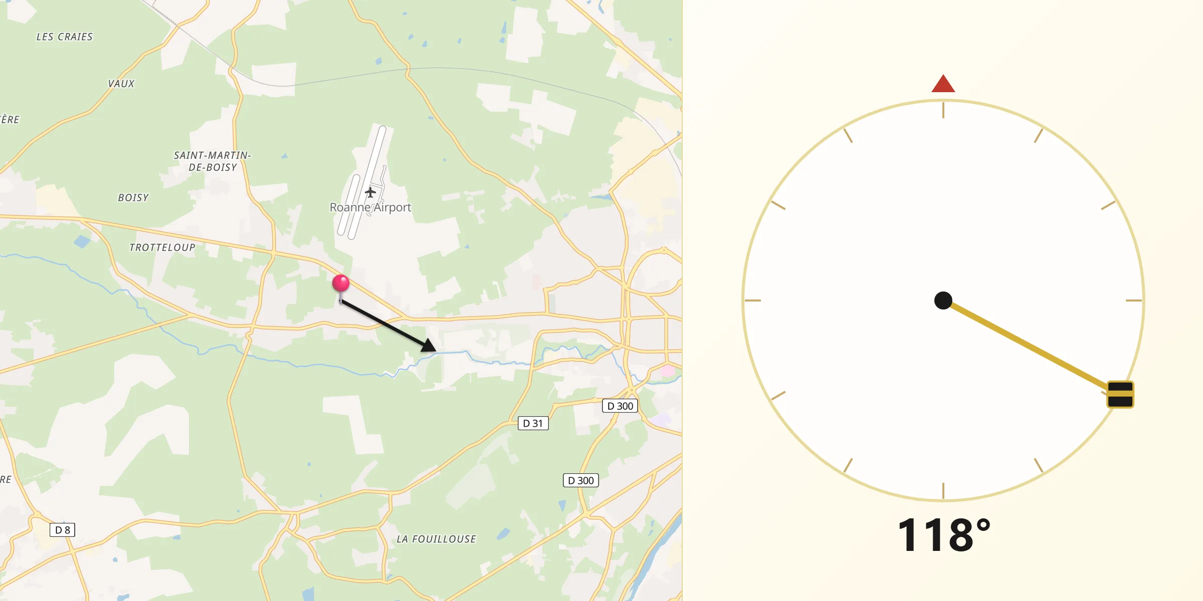 Direction vers la Qibla depuis Saint-Léger-sur-Roanne