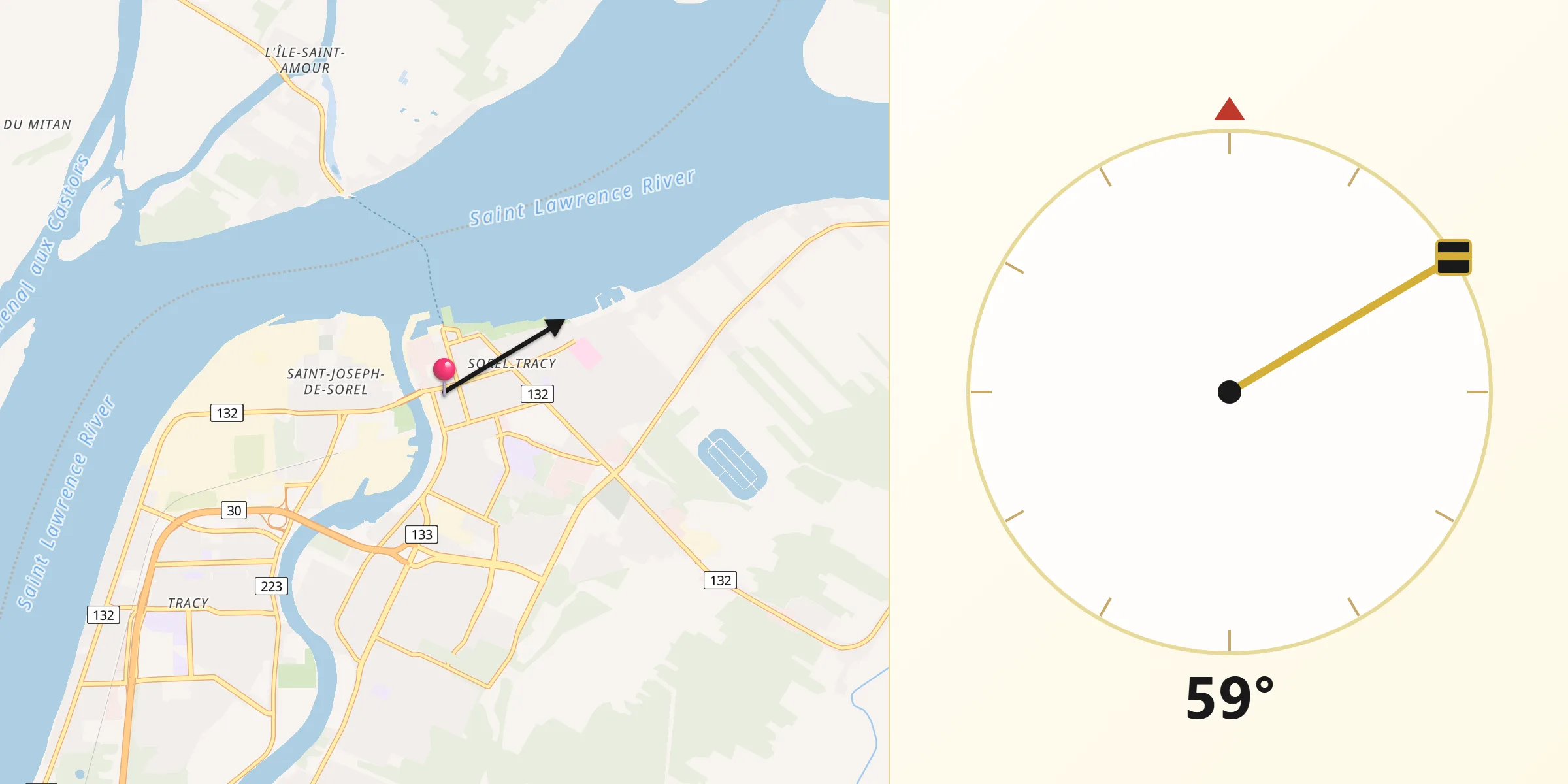 Qibla Direction from Sorel-Tracy