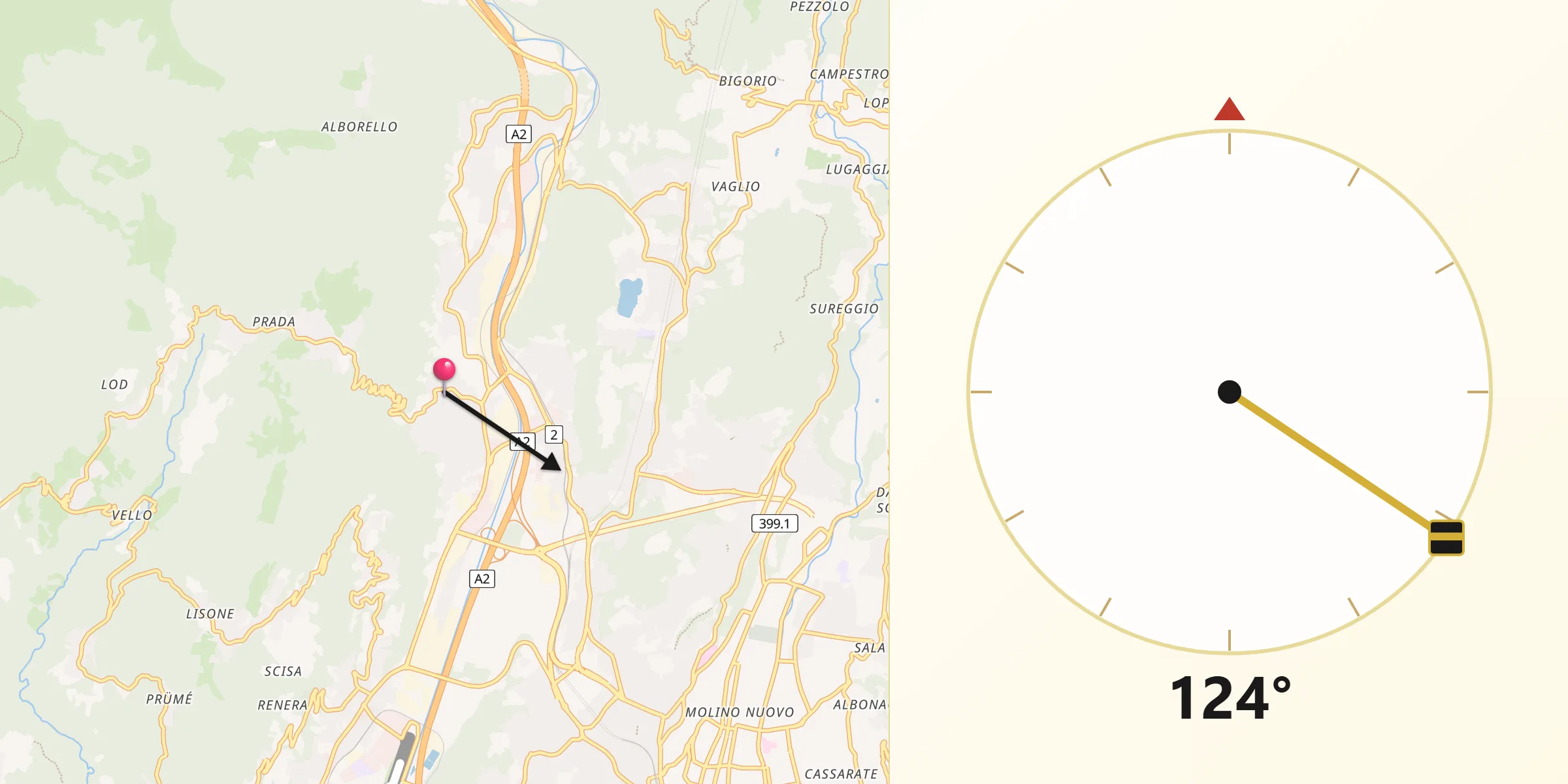 Direction vers la Qibla depuis Gravesano