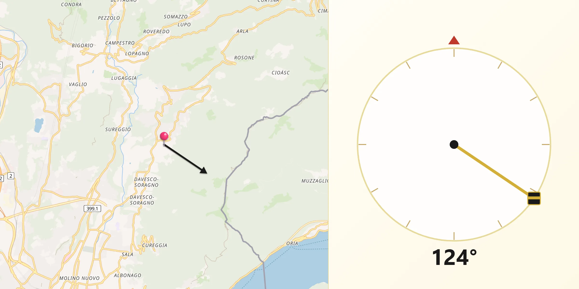 Direction vers la Qibla depuis Cadro