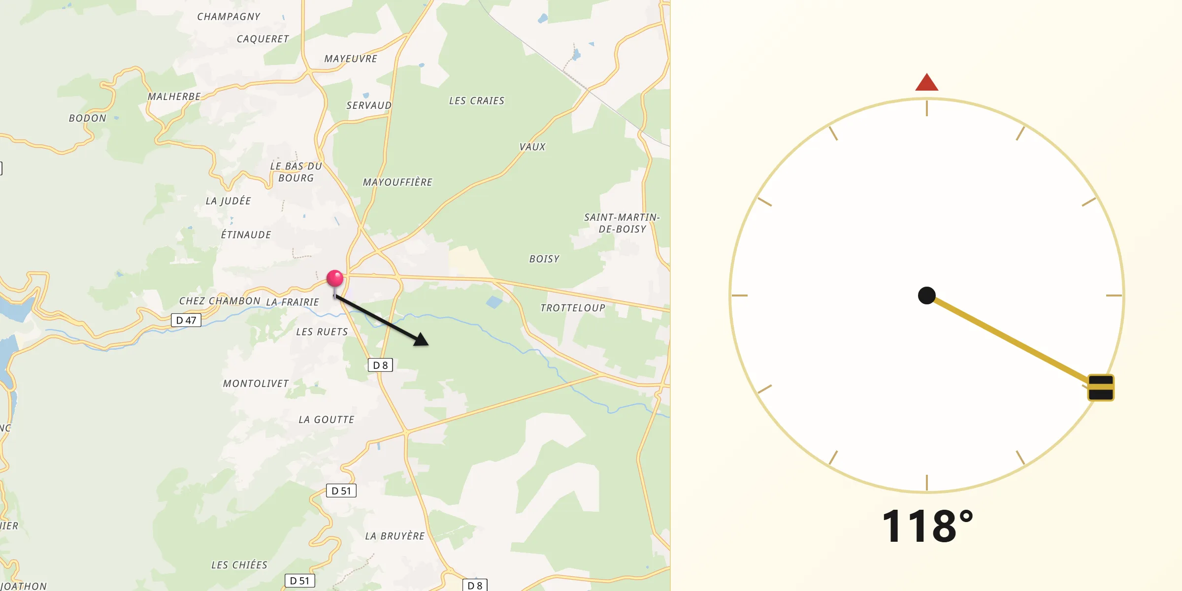 Direction vers la Qibla depuis Renaison