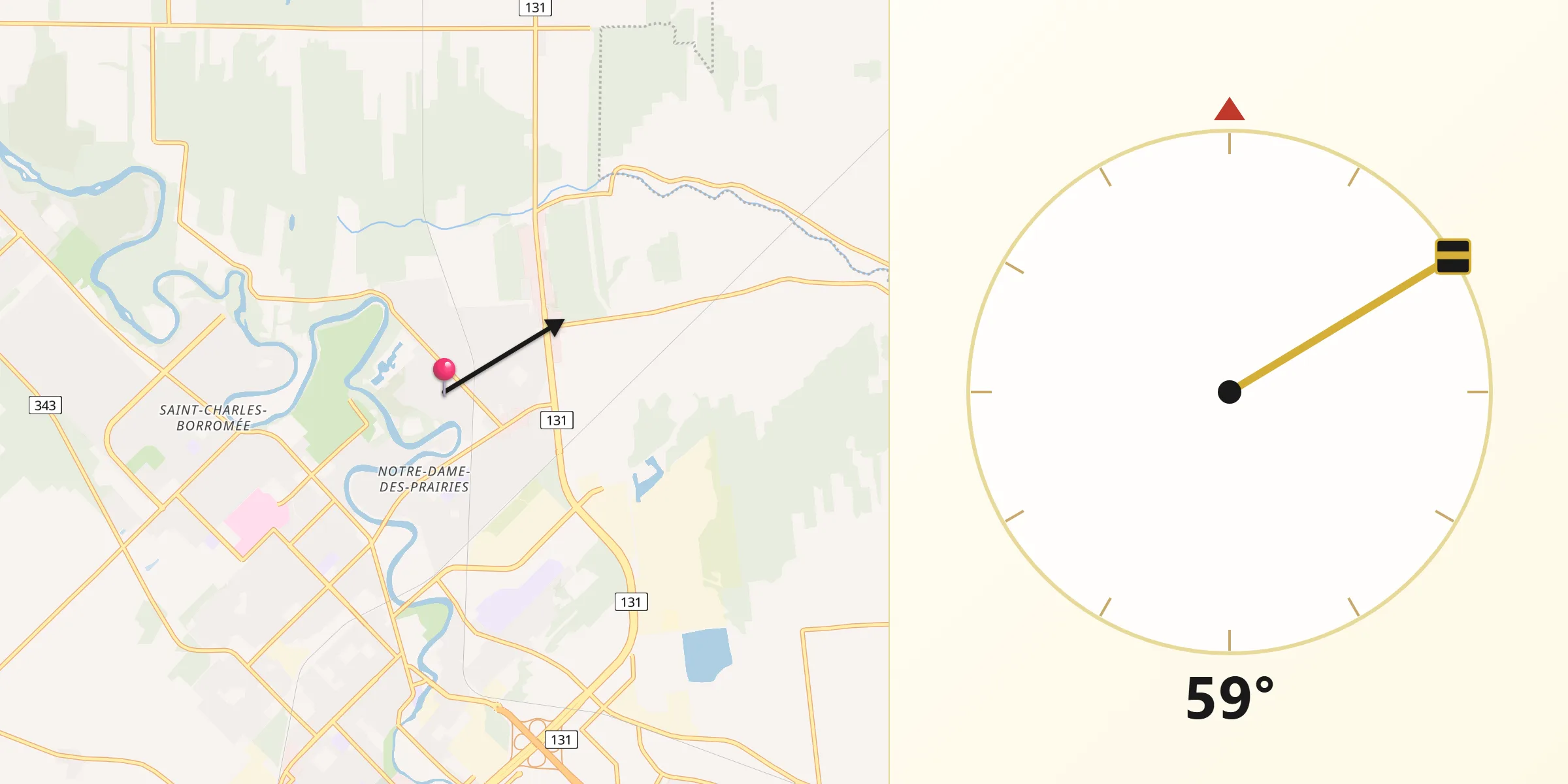 Qibla Direction from Notre-Dame-des-Prairies