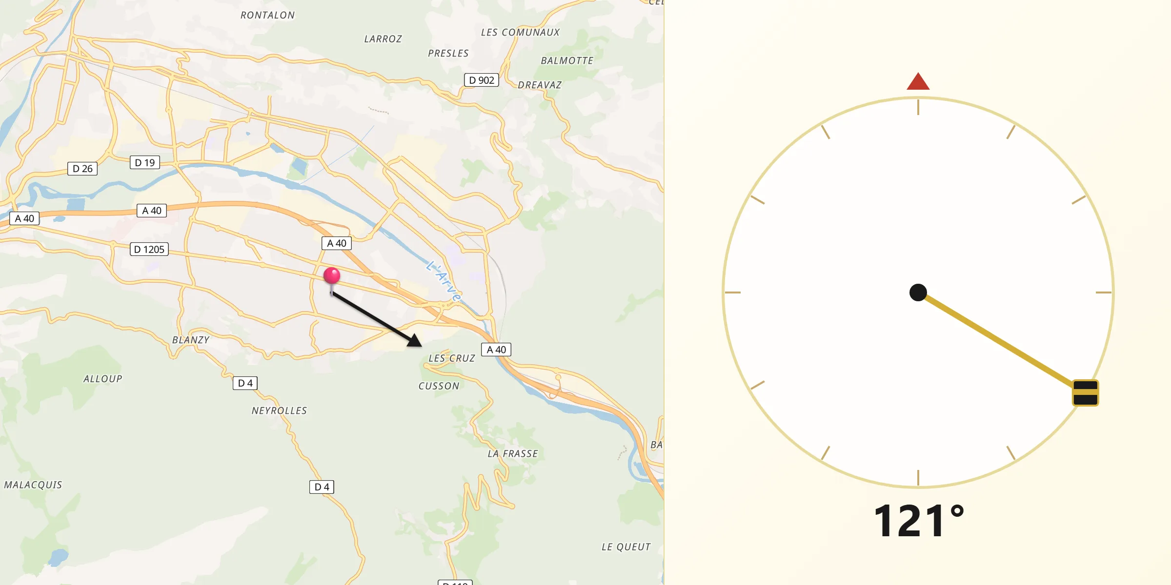 Direction vers la Qibla depuis Scionzier