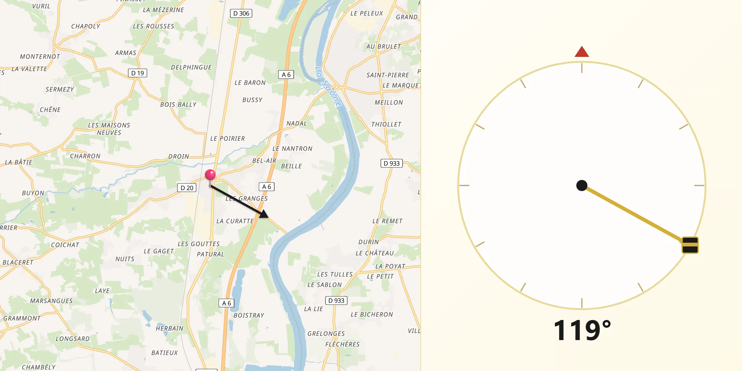 Direction vers la Qibla depuis Saint-Georges-de-Reneins