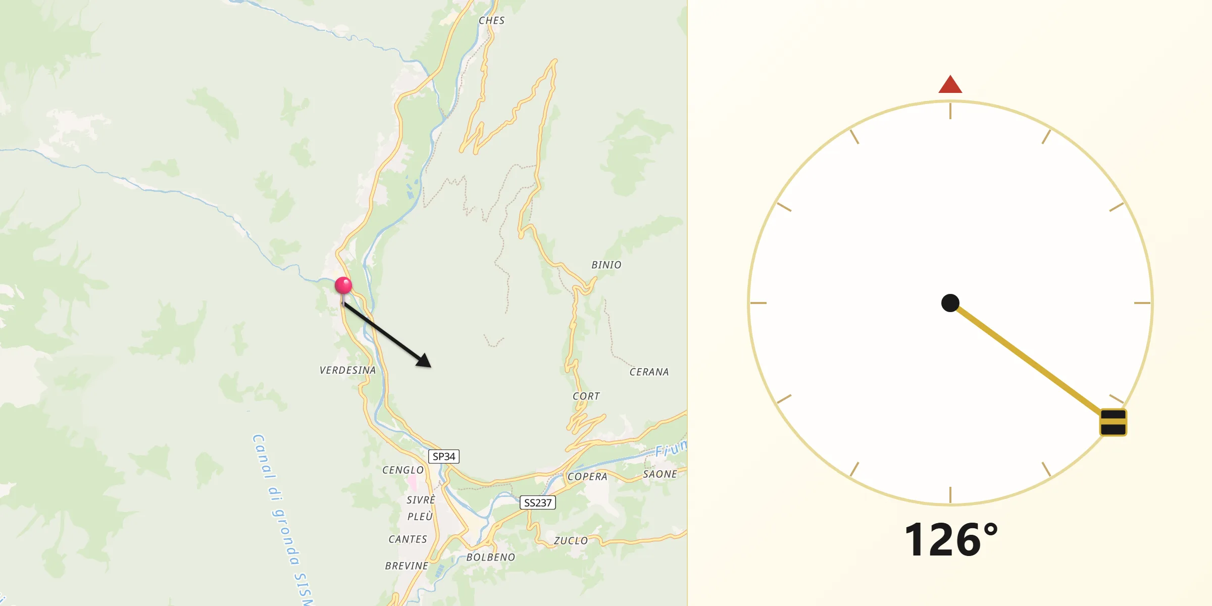 Direzione della Qibla da Villa Rendena