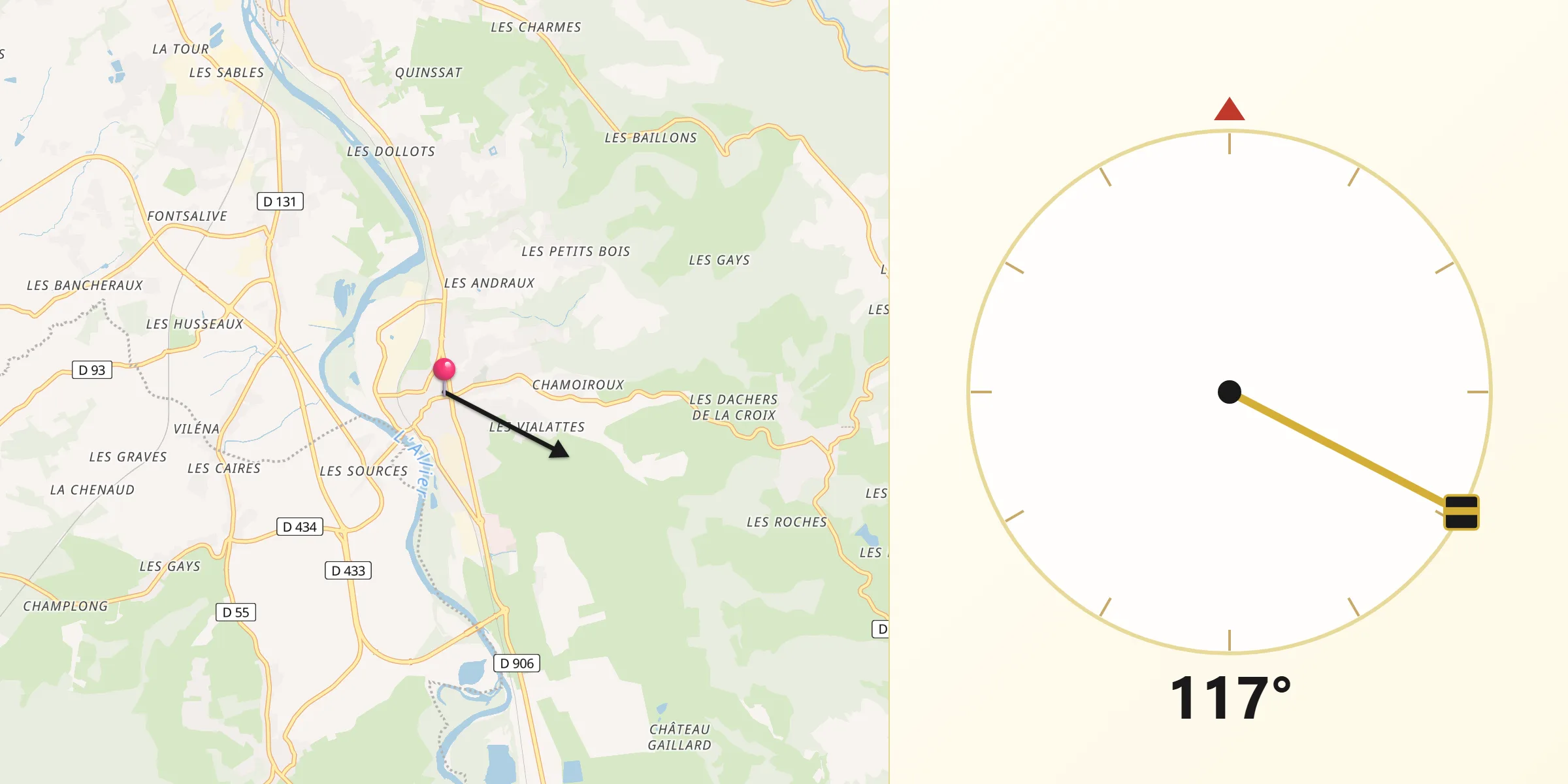 Direction vers la Qibla depuis Saint-Yorre