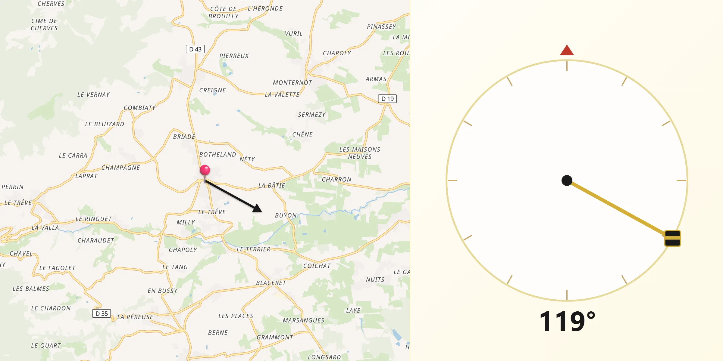 Direction vers la Qibla depuis Saint-Étienne-des-Oullières