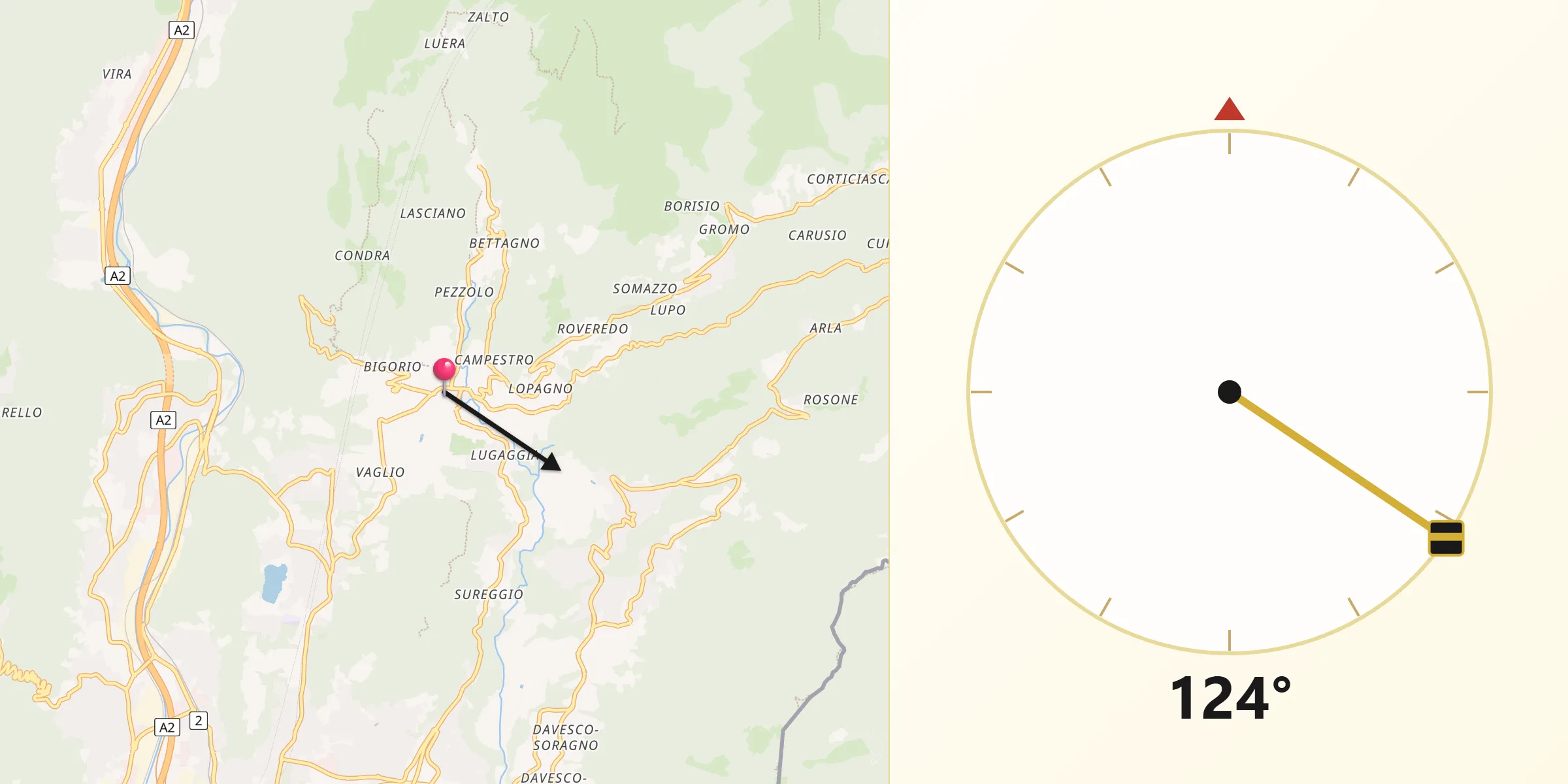 Direction vers la Qibla depuis Tesserete