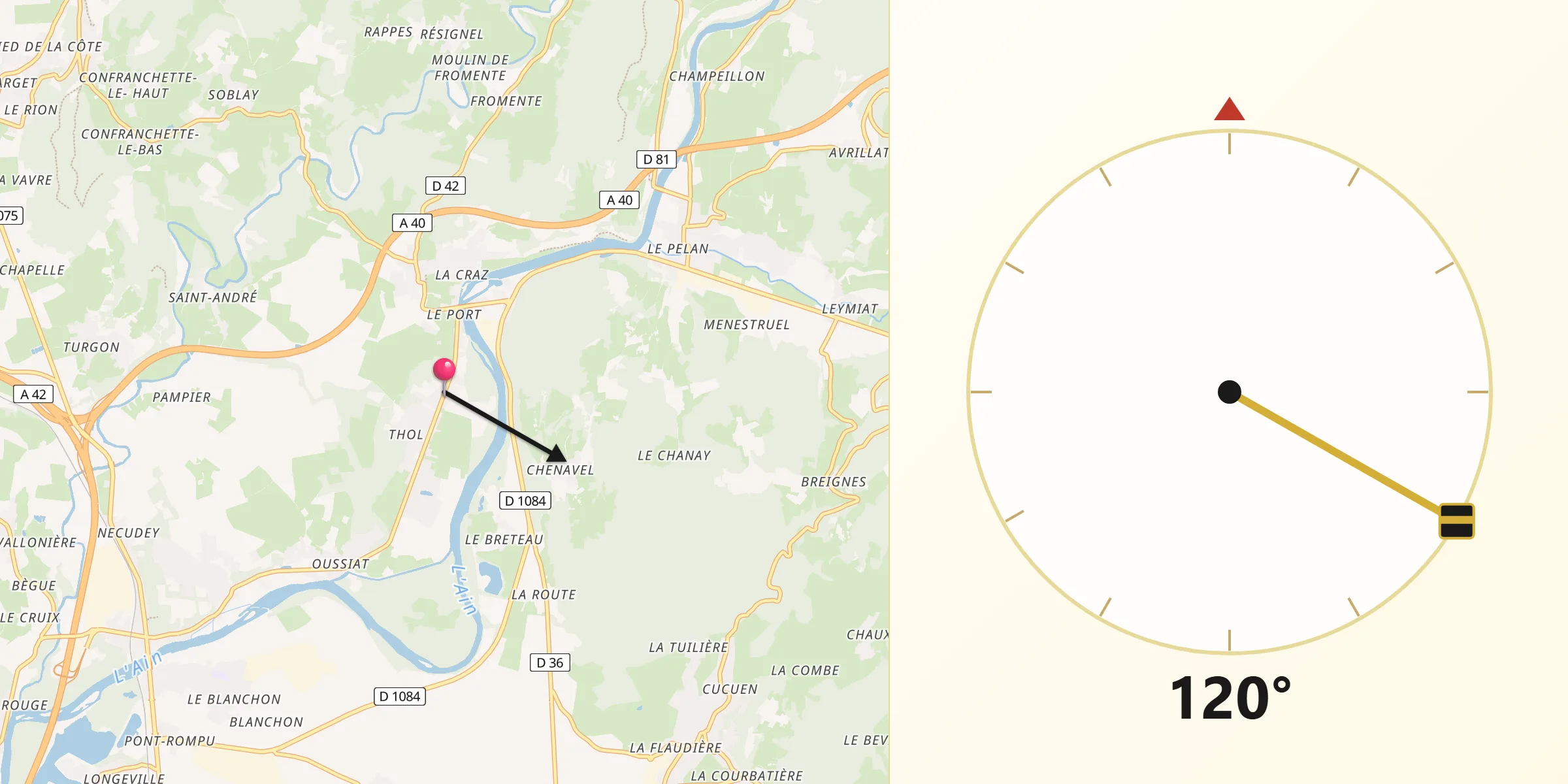 Direction vers la Qibla depuis Neuville-sur-Ain