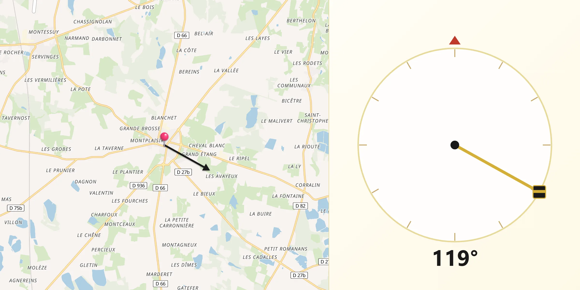 Direction vers la Qibla depuis Saint-Trivier-sur-Moignans