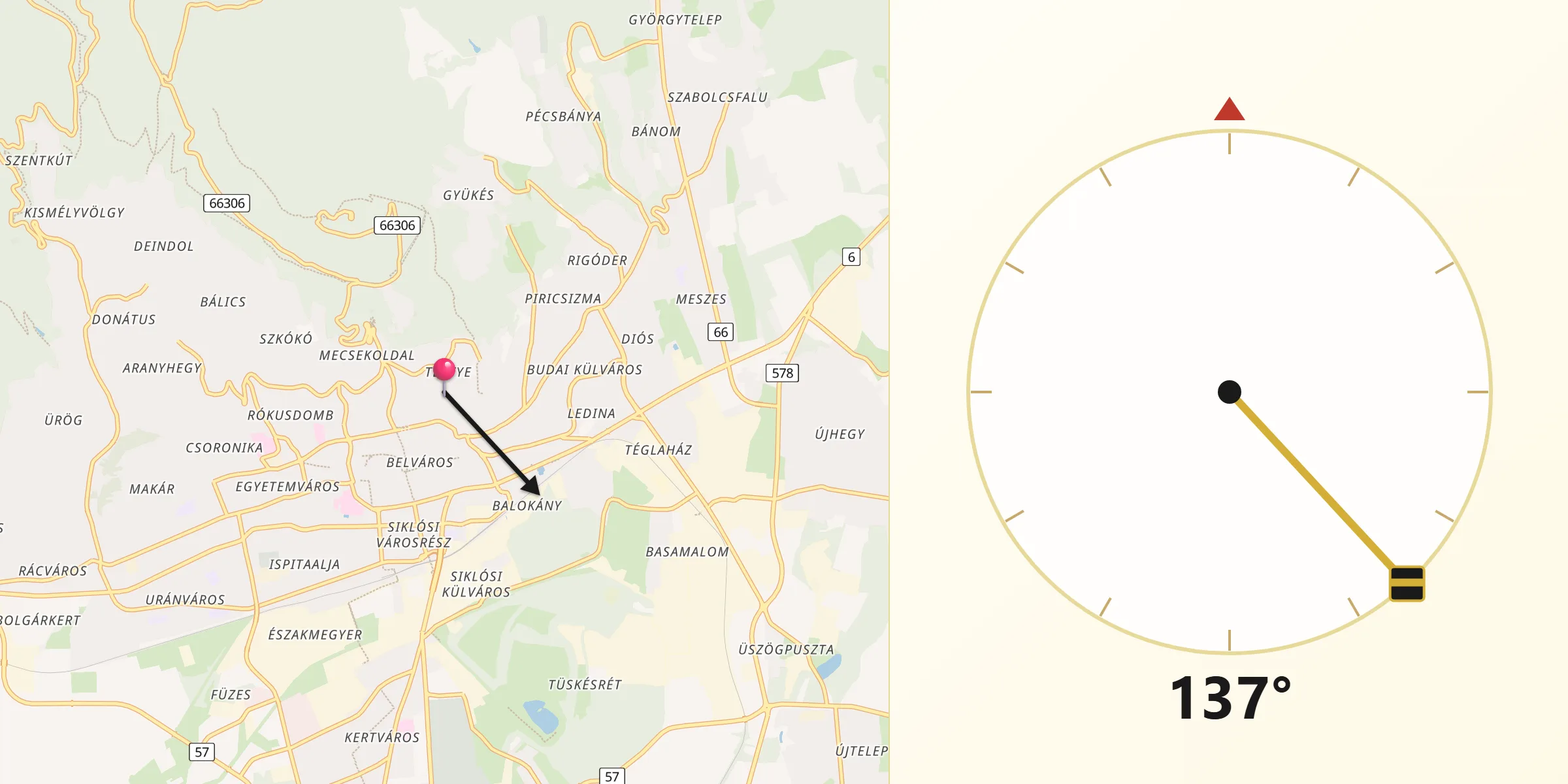 Qibla-Richtung von Fünfkirchen