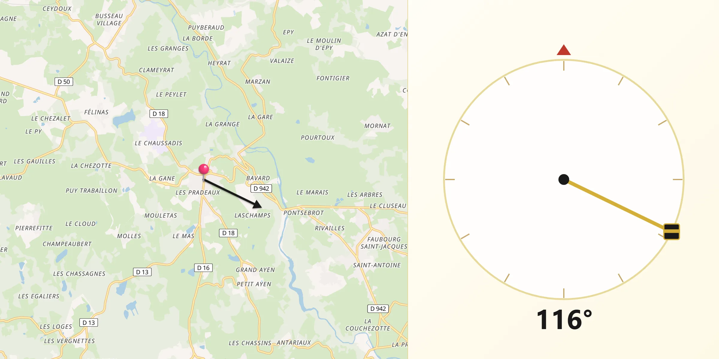 Direction vers la Qibla depuis Ahun
