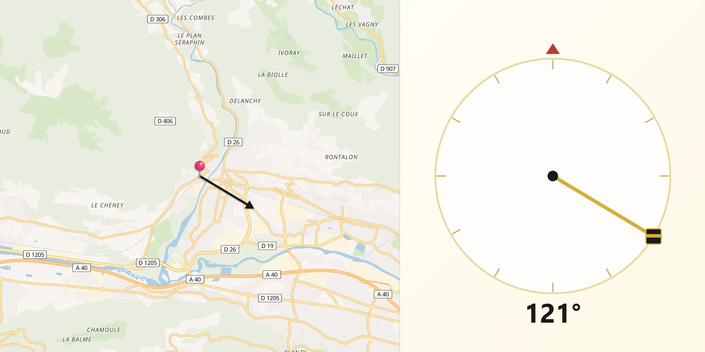 Direction vers la Qibla depuis Marignier