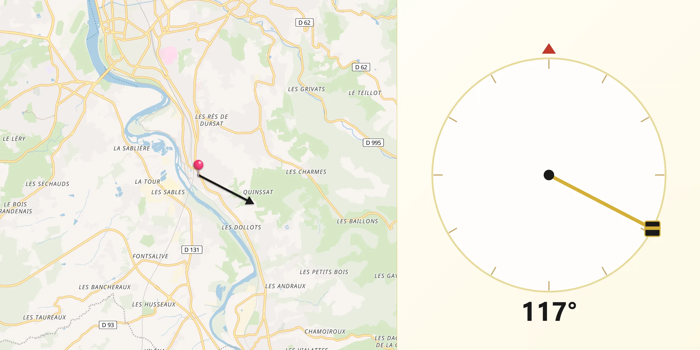 Direction vers la Qibla depuis Abrest