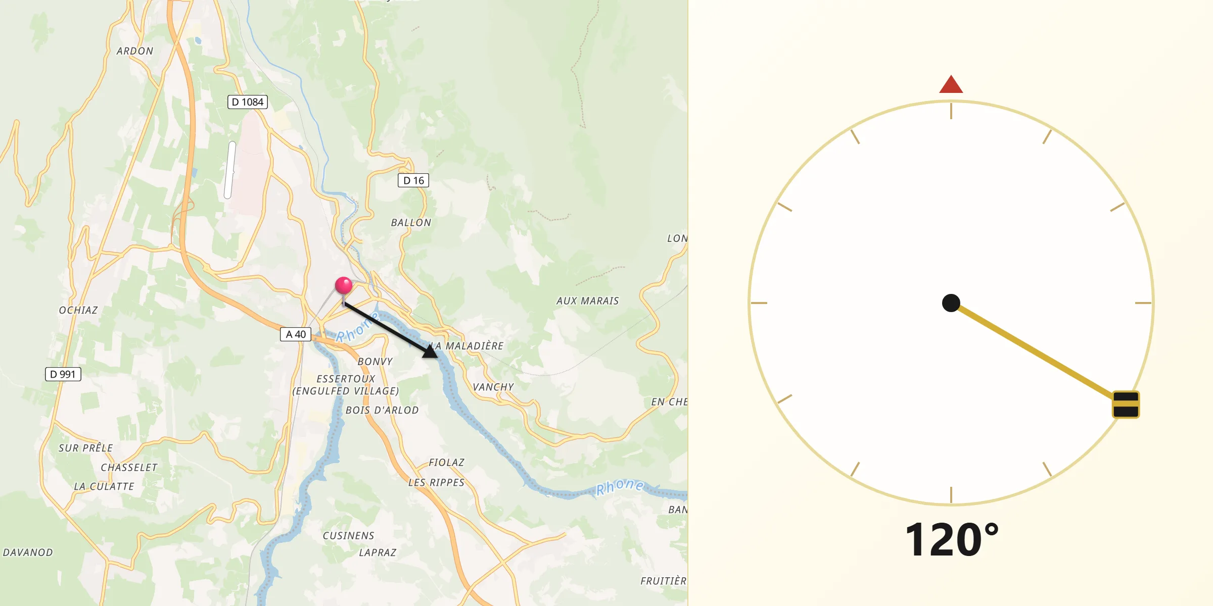 Direction vers la Qibla depuis Bellegarde-sur-Valserine